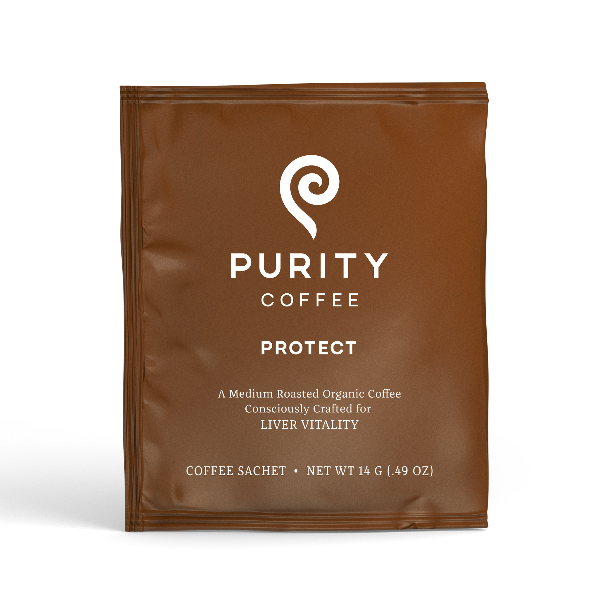 Brown coffee sachet with 'Purity Coffee' branding on a white background