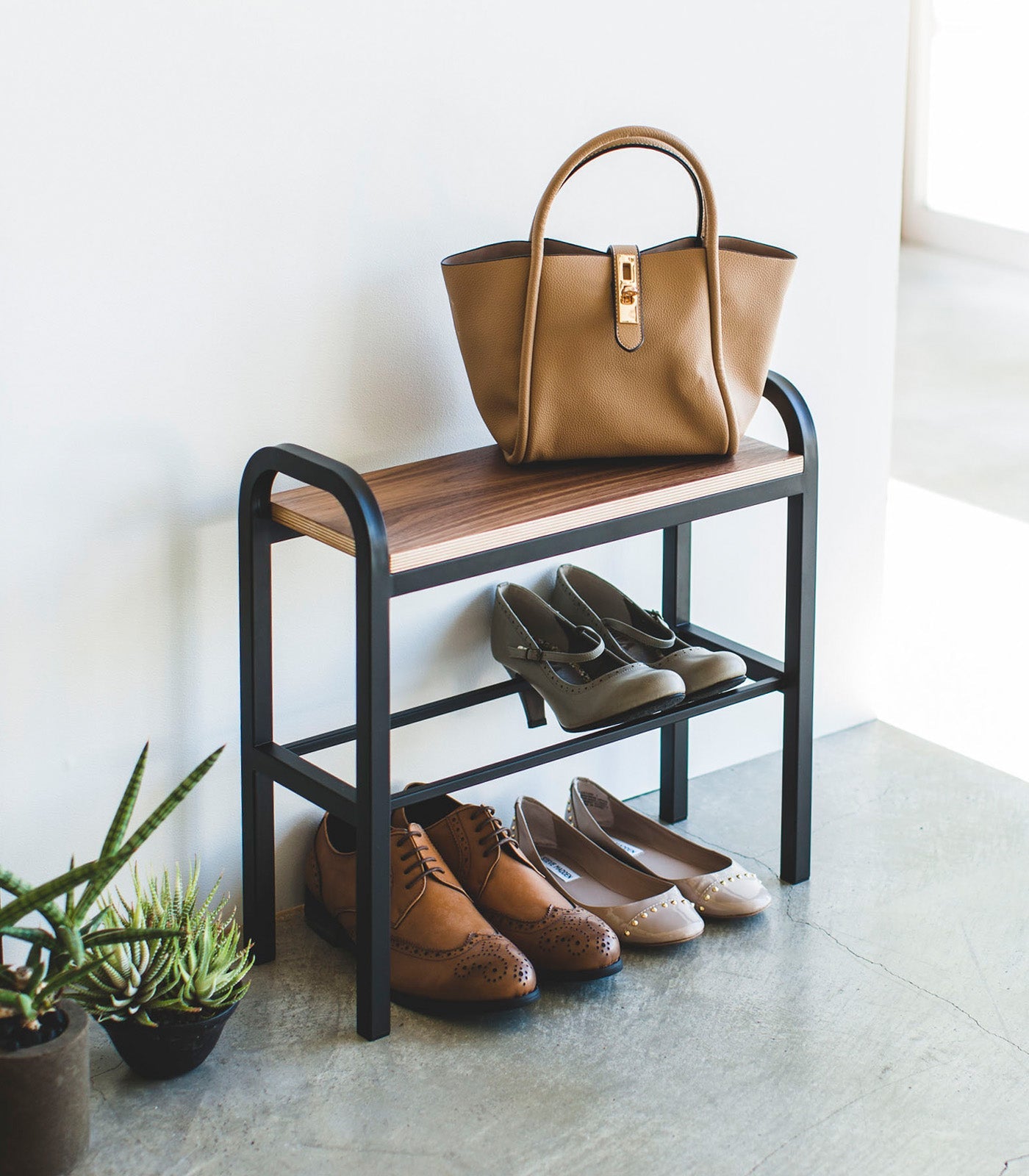 Yamazaki Home Shoe Organizer & Bench (18" H)  - Steel + Wood