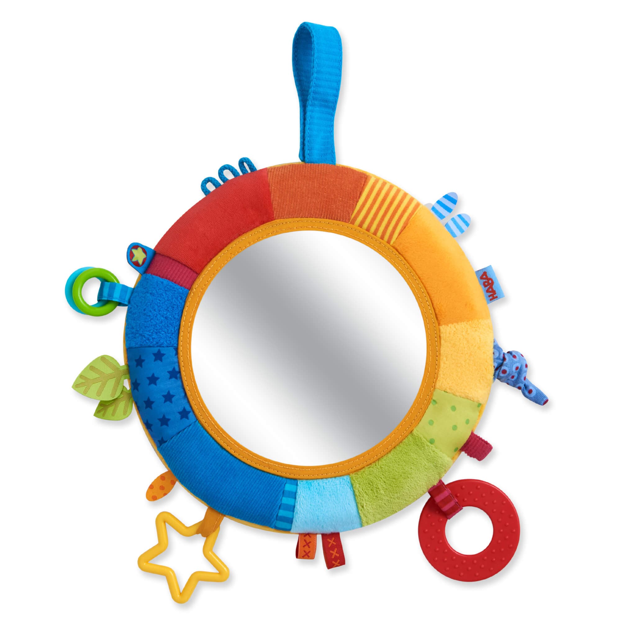 Colorful baby mirror with toys on a white background