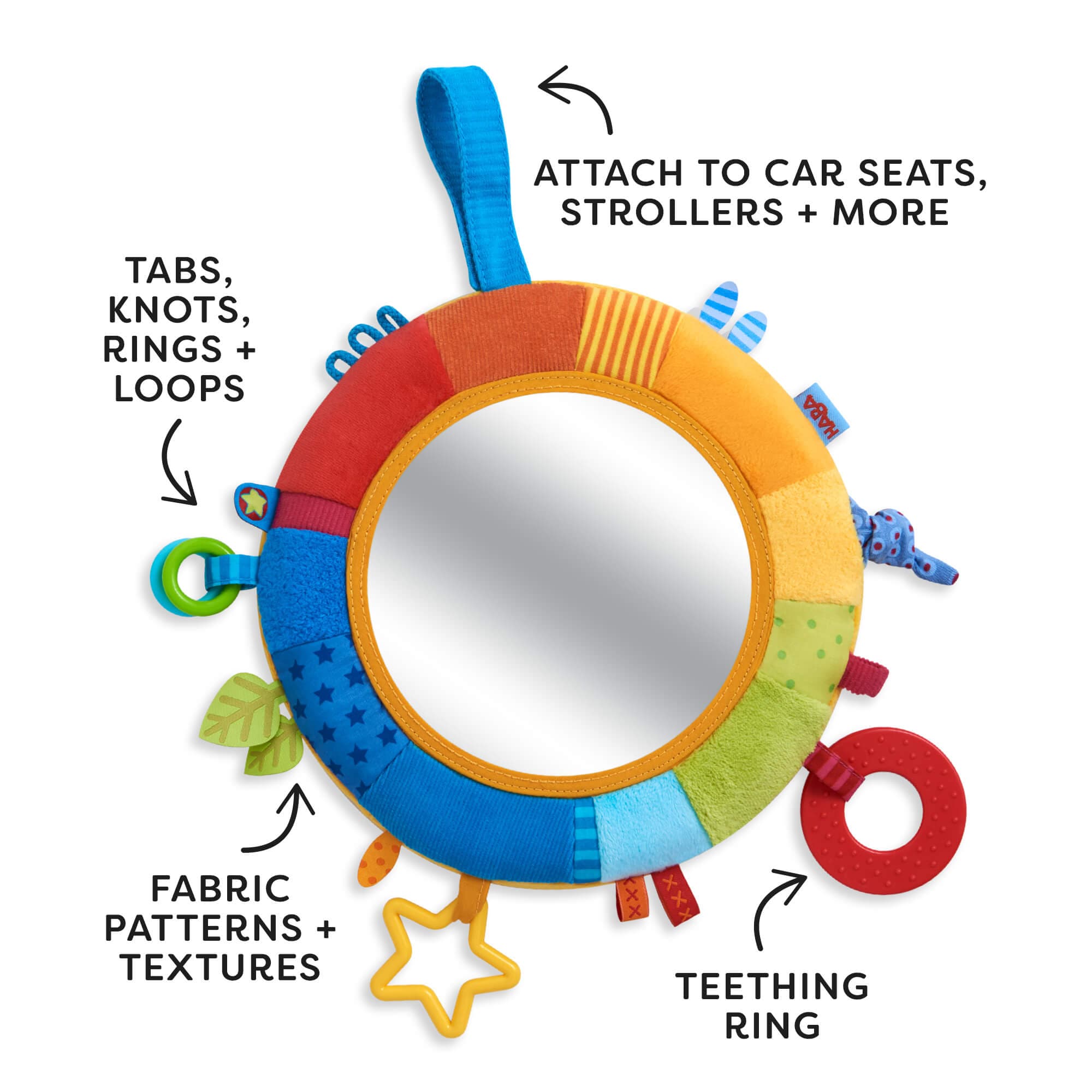 Colorful baby toy with text highlighting features on a white background