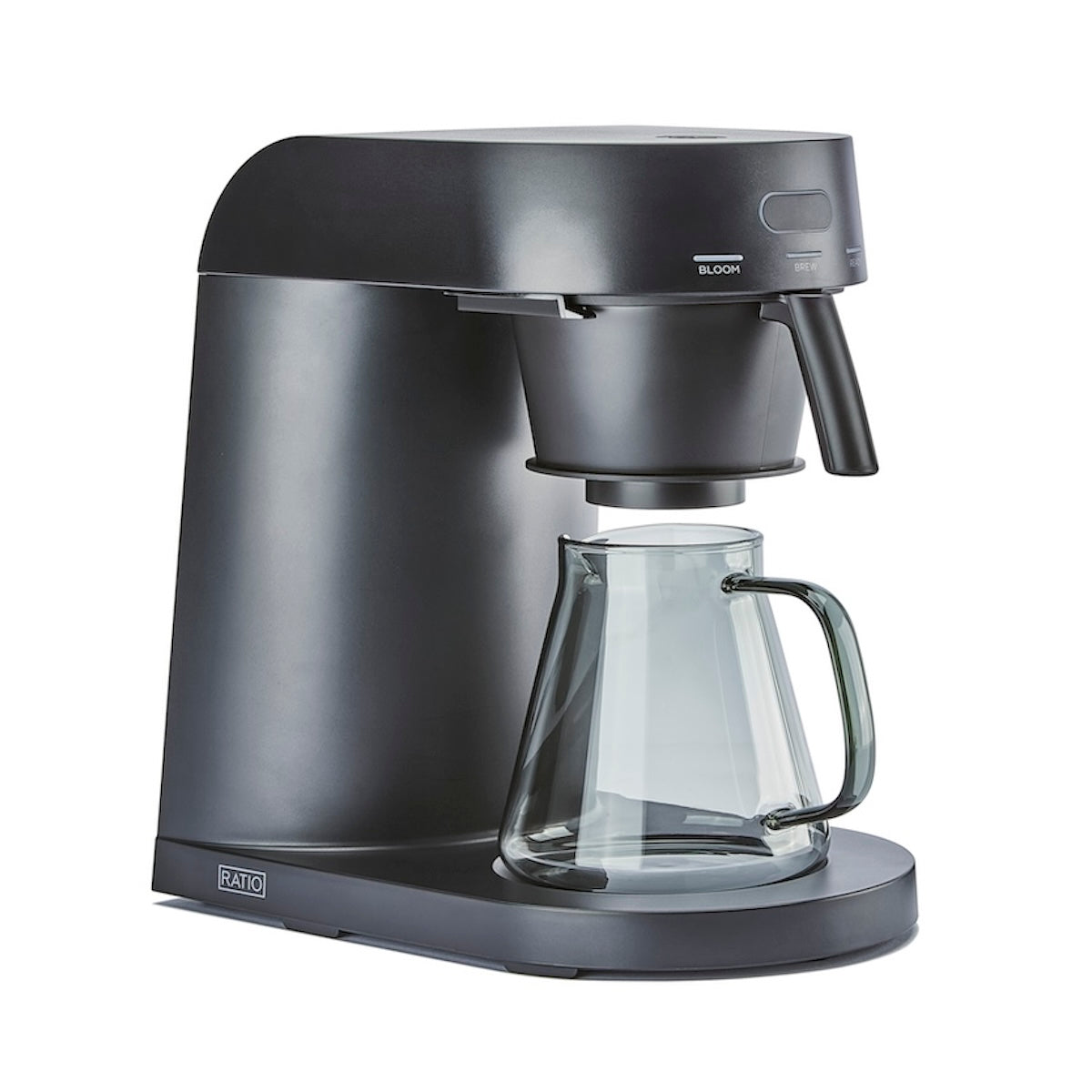 Black coffee machine with glass carafe on a white background