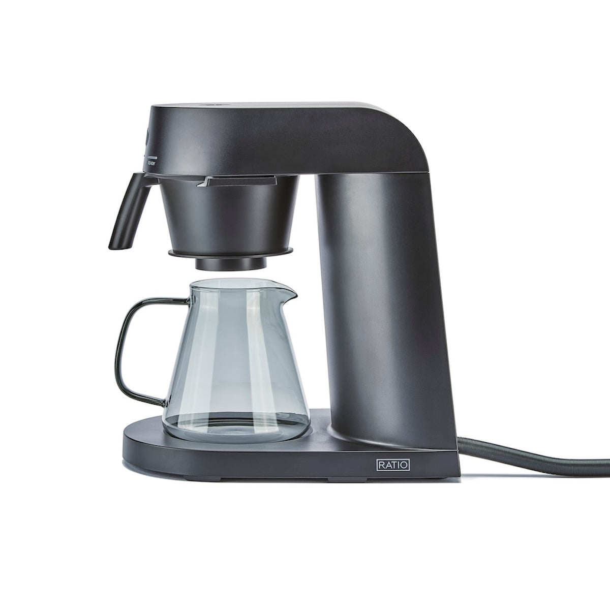 Black coffee machine with glass carafe on a white background