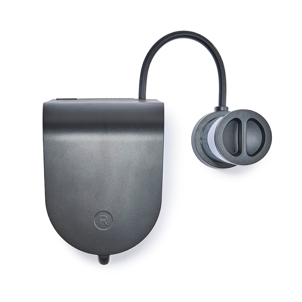 Black wireless earbuds with charging case on a white background