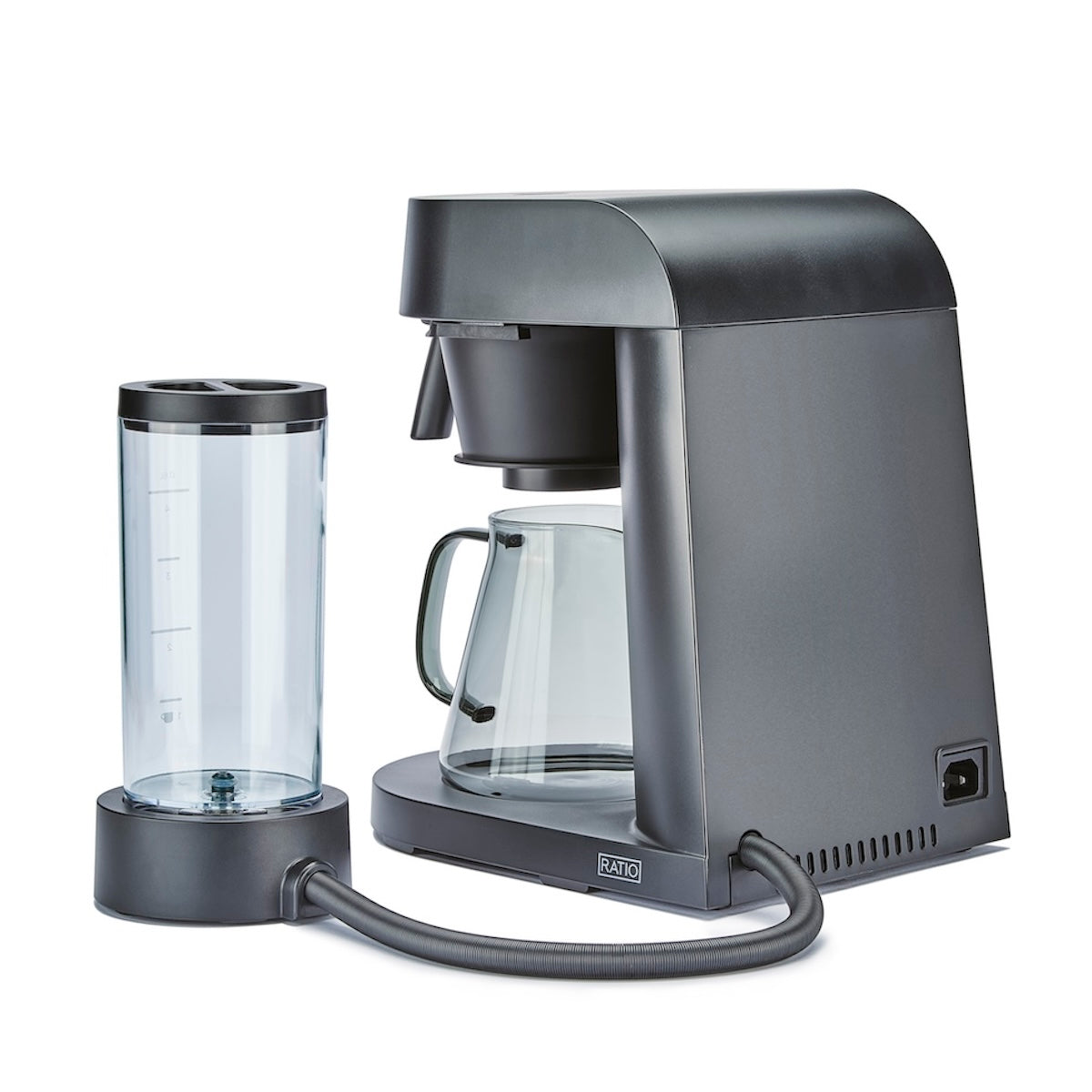 Gray coffee maker with carafe and water tank on a white background