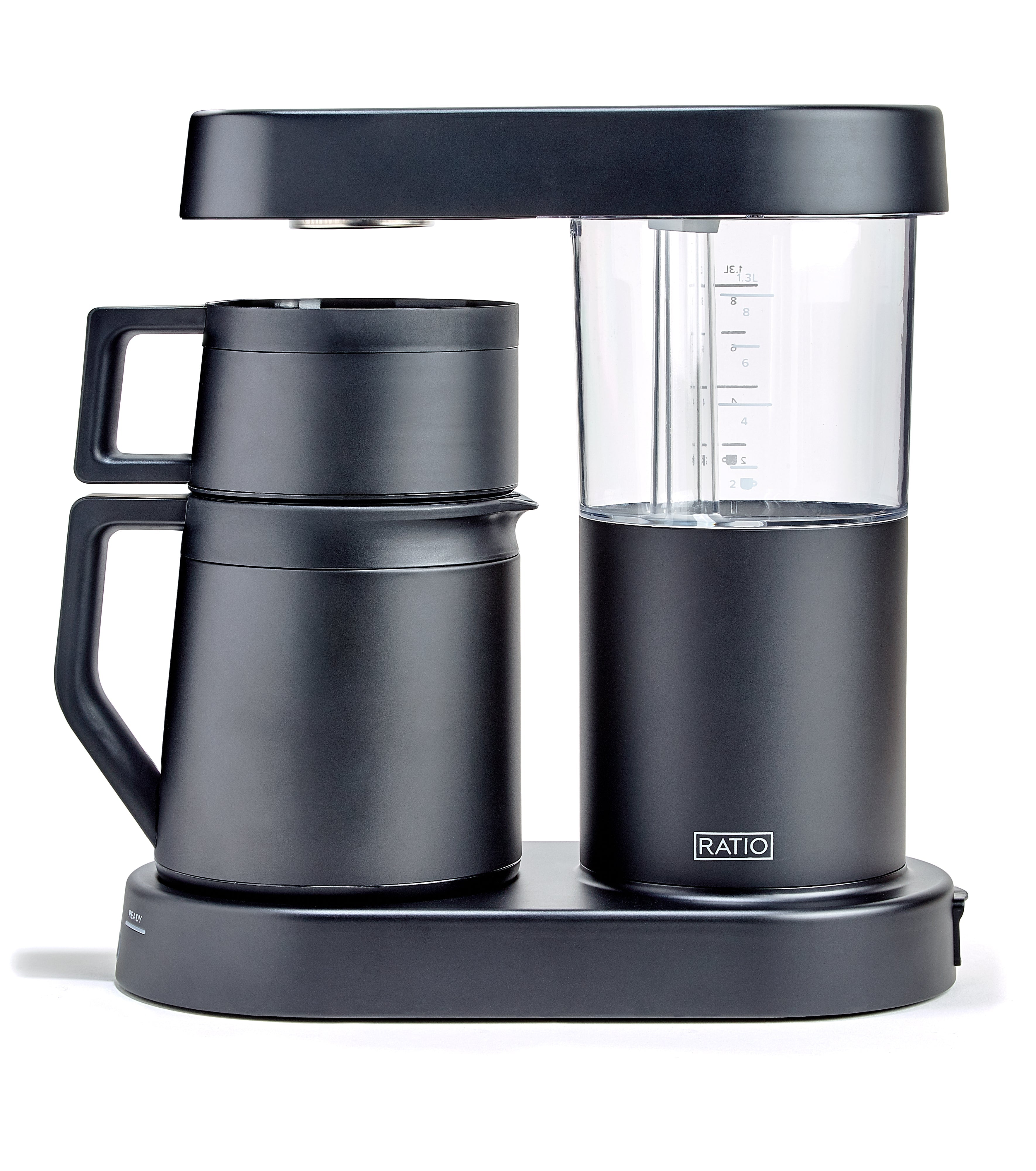Black coffee maker with two thermal mugs on a white background