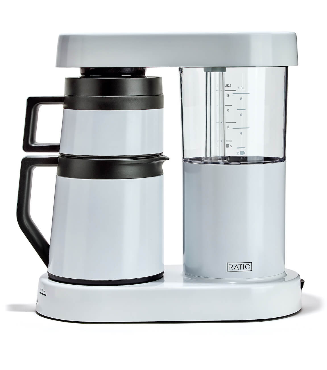 White coffee maker with clear carafe on a white background