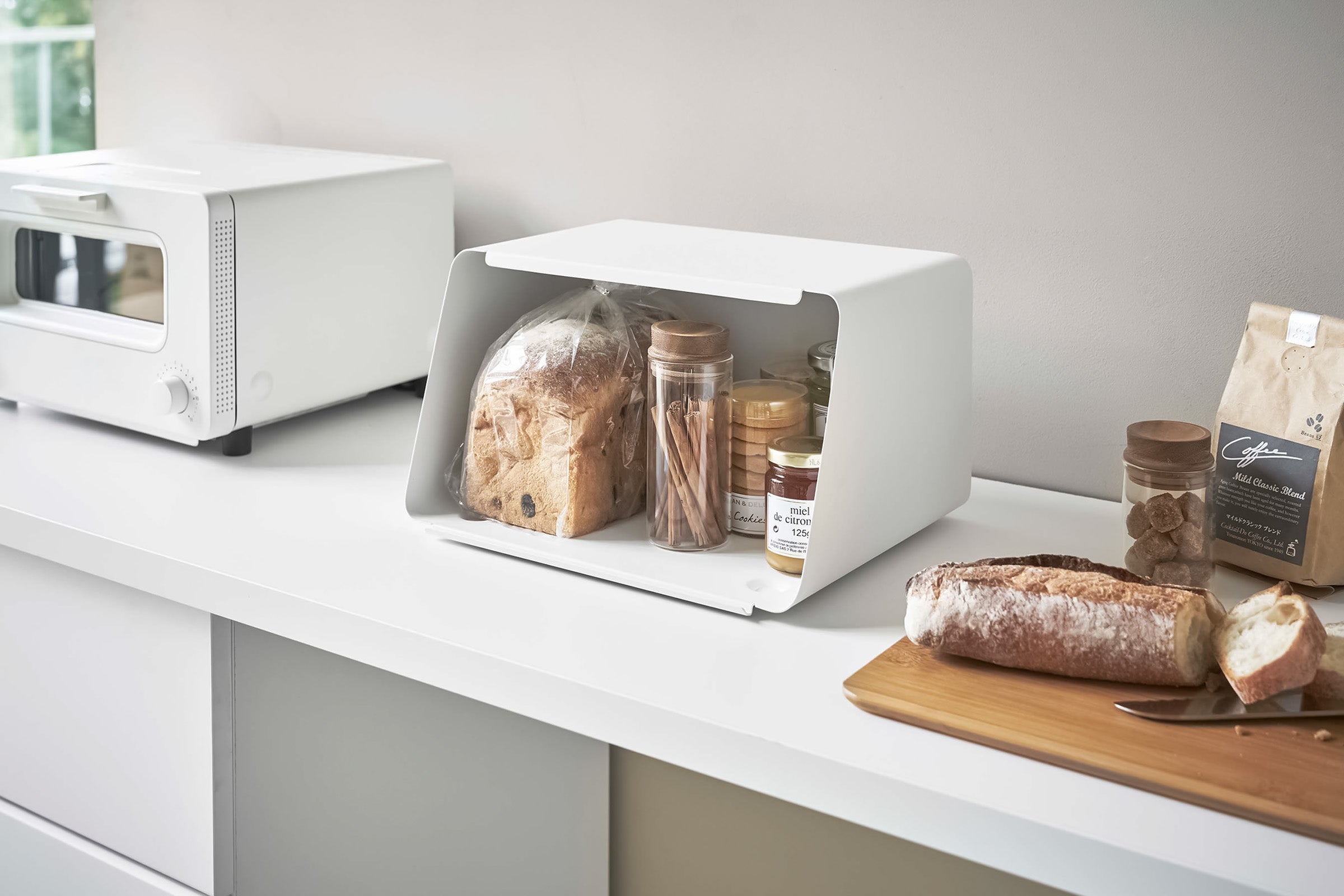 Yamazaki Home Bread Box with Cutting Board Lid - Steel + Wood