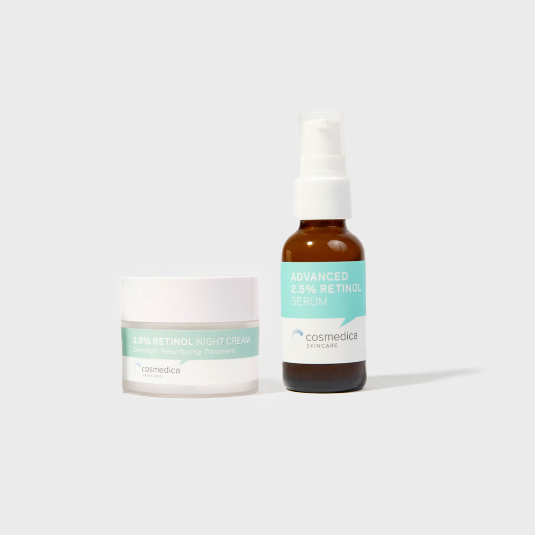 Cosmetic cream jar and serum bottle with 'cosmedica' label on a white background