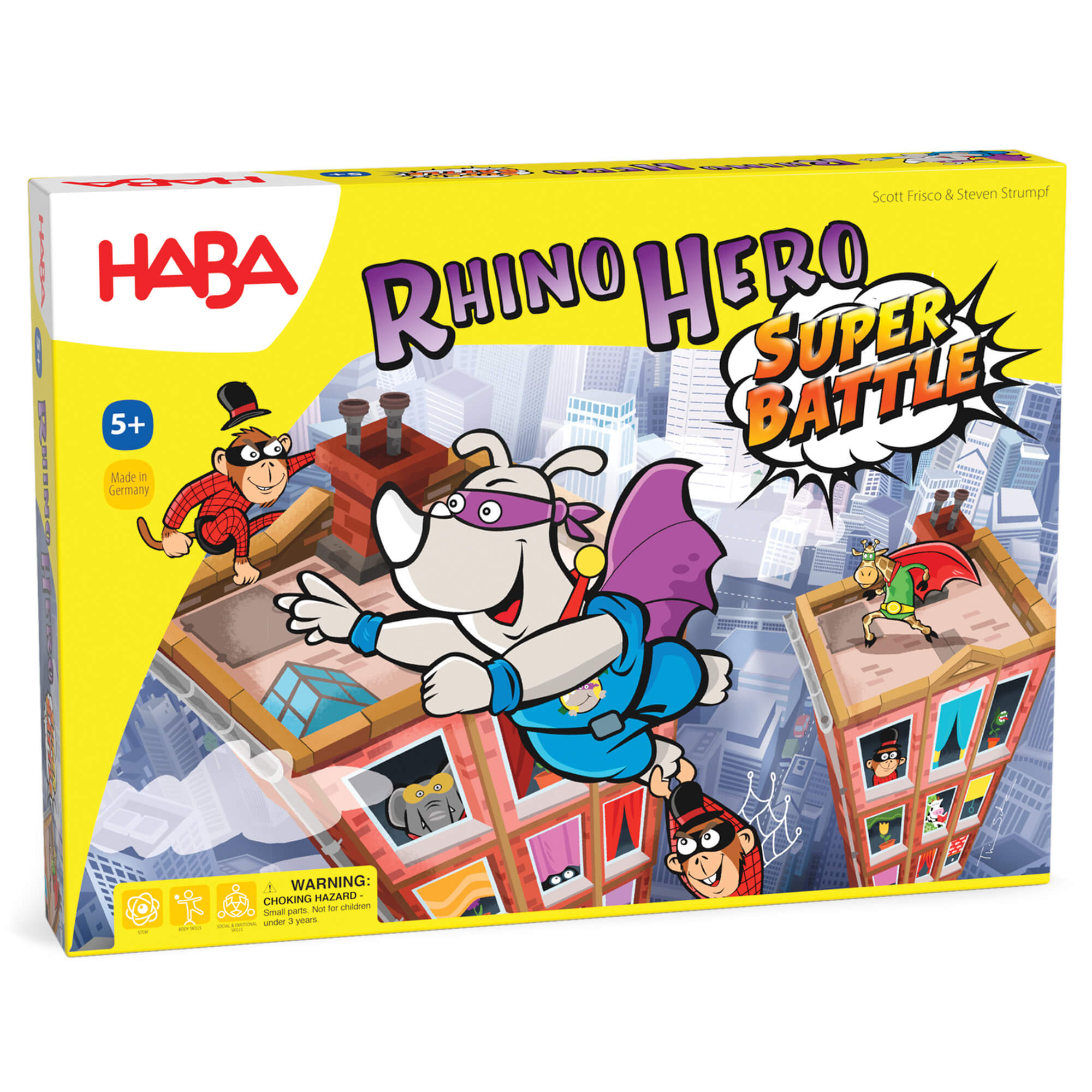 HABA Rhino Hero Super Battle game box with cartoon characters on a yellow background