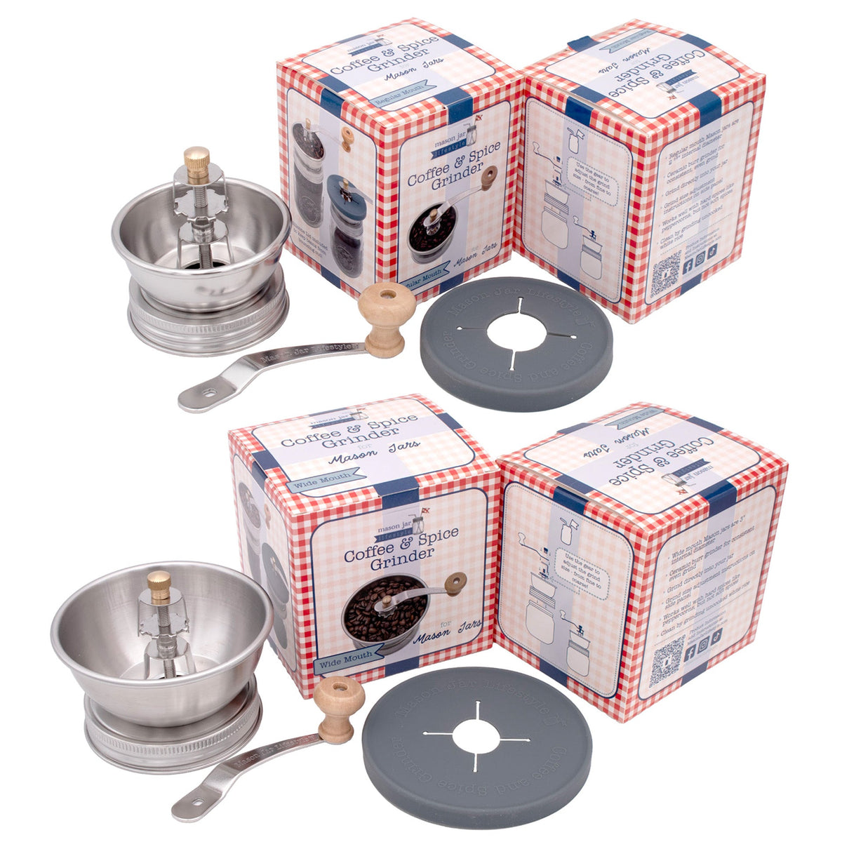 Mason Jar Lifestyle coffee grinder lids with product packaging