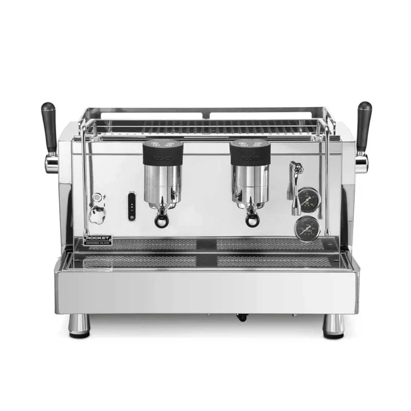 Commercial espresso machine with dual spouts on a white background