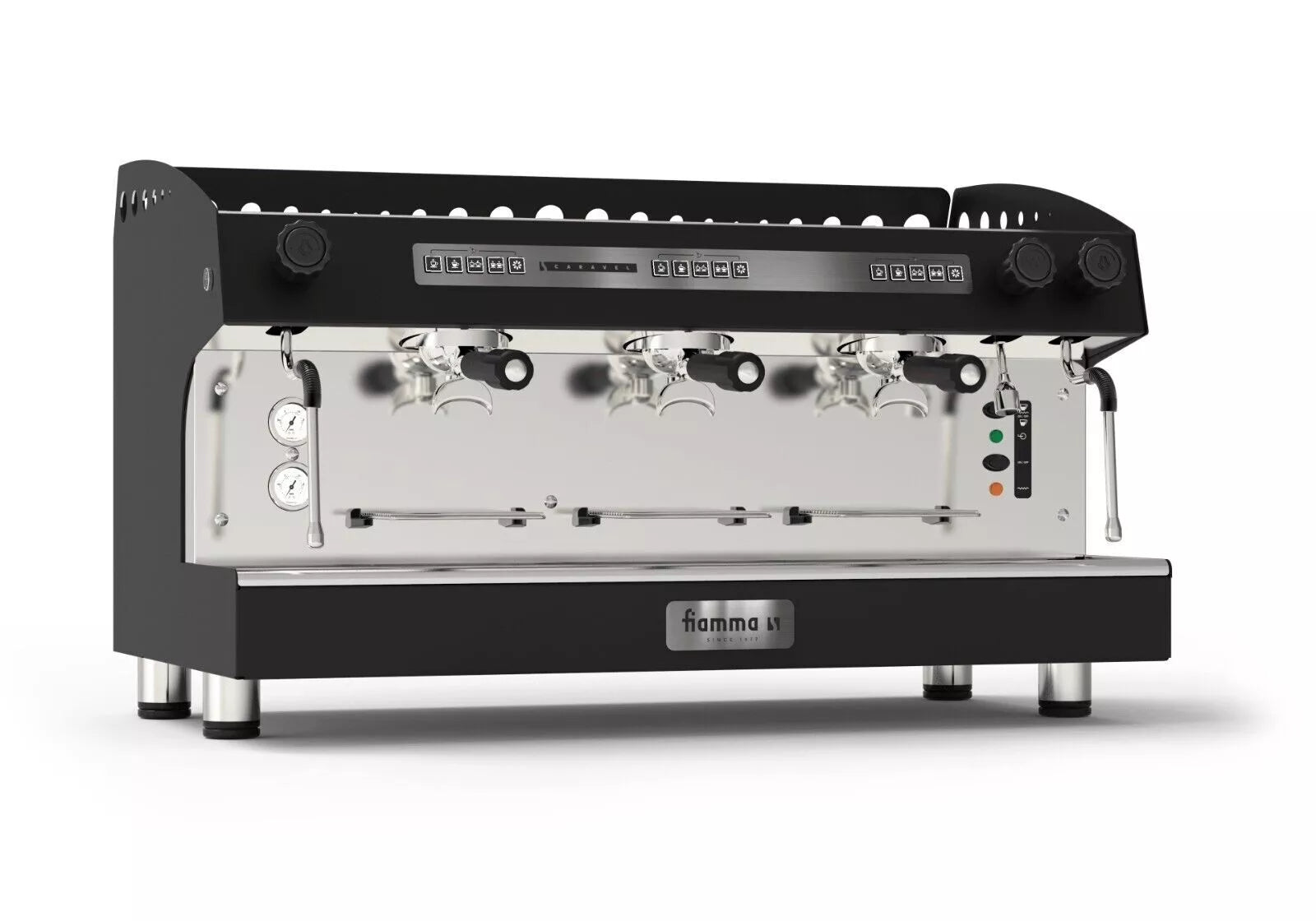 Black and silver espresso machine with 'Fiamma' branding on a white background