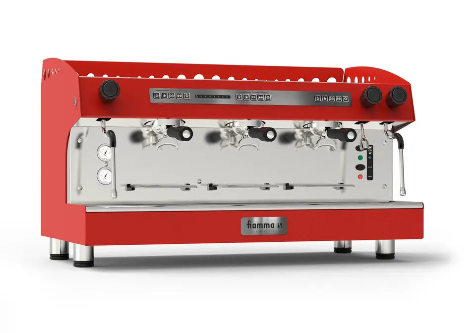Red espresso machine with visible brand logo on a white background