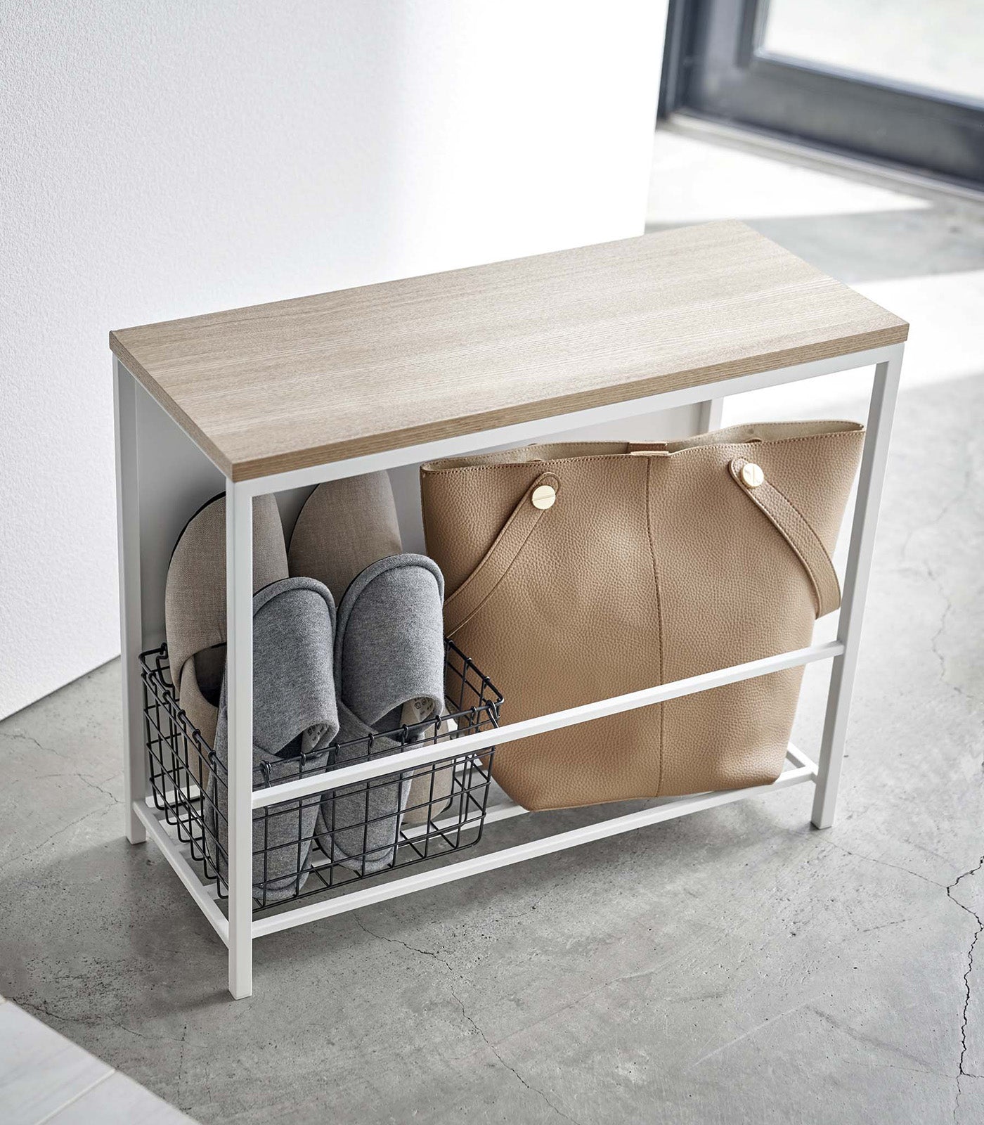 Yamazaki Home Entryway Storage Organizer & Bench (18" H)  - Steel + Wood