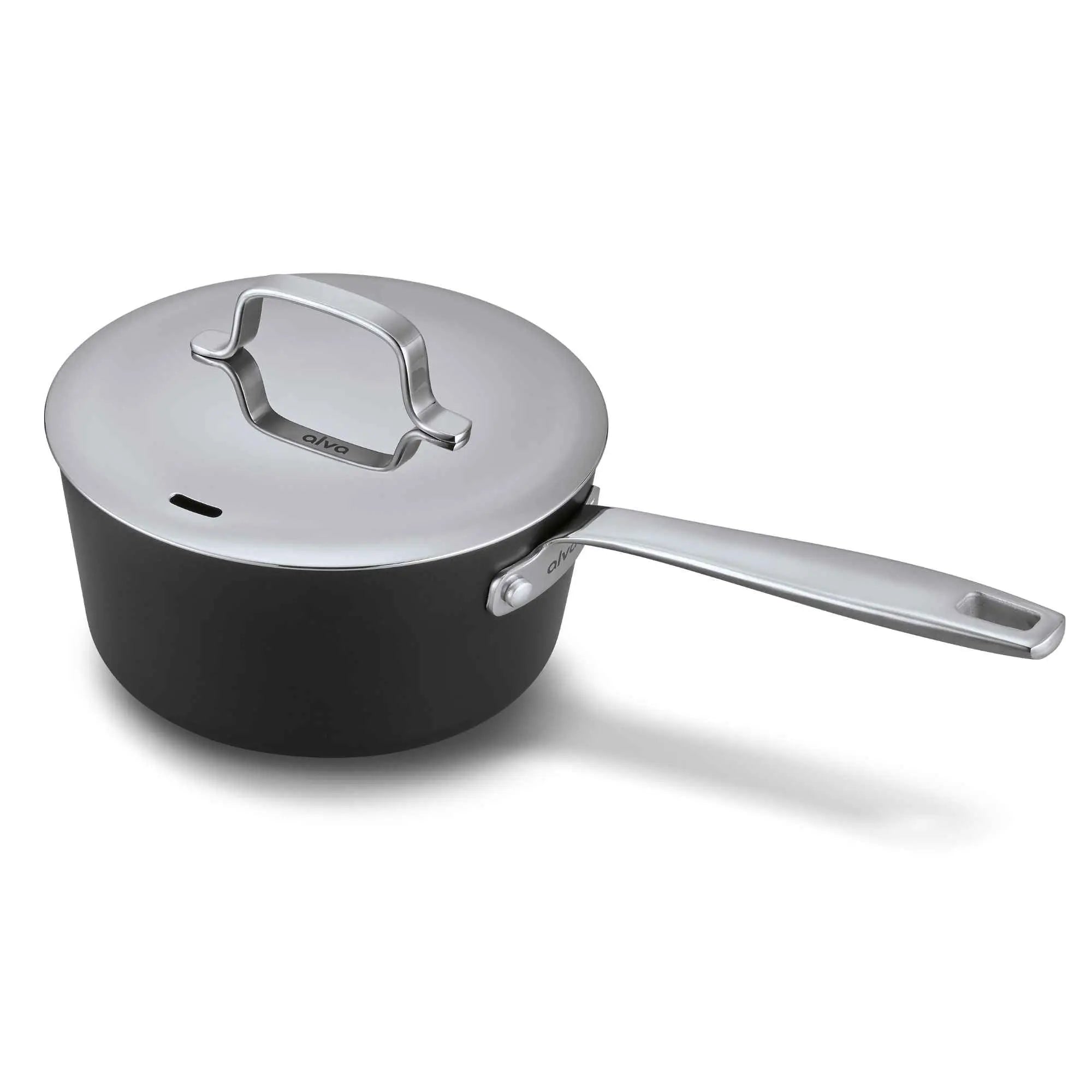 Black saucepan with silver lid on a white background