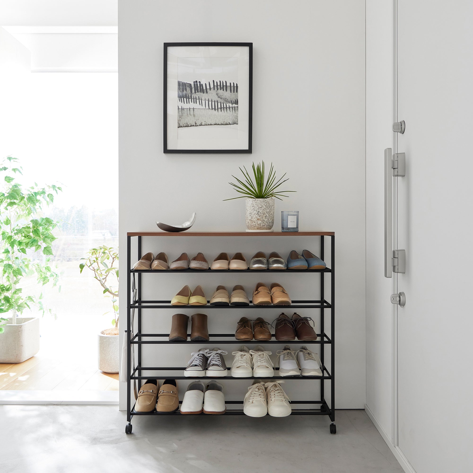 Yamazaki Home Rolling Five-Tier Shoe Rack (34.25" H)  - Steel + Wood