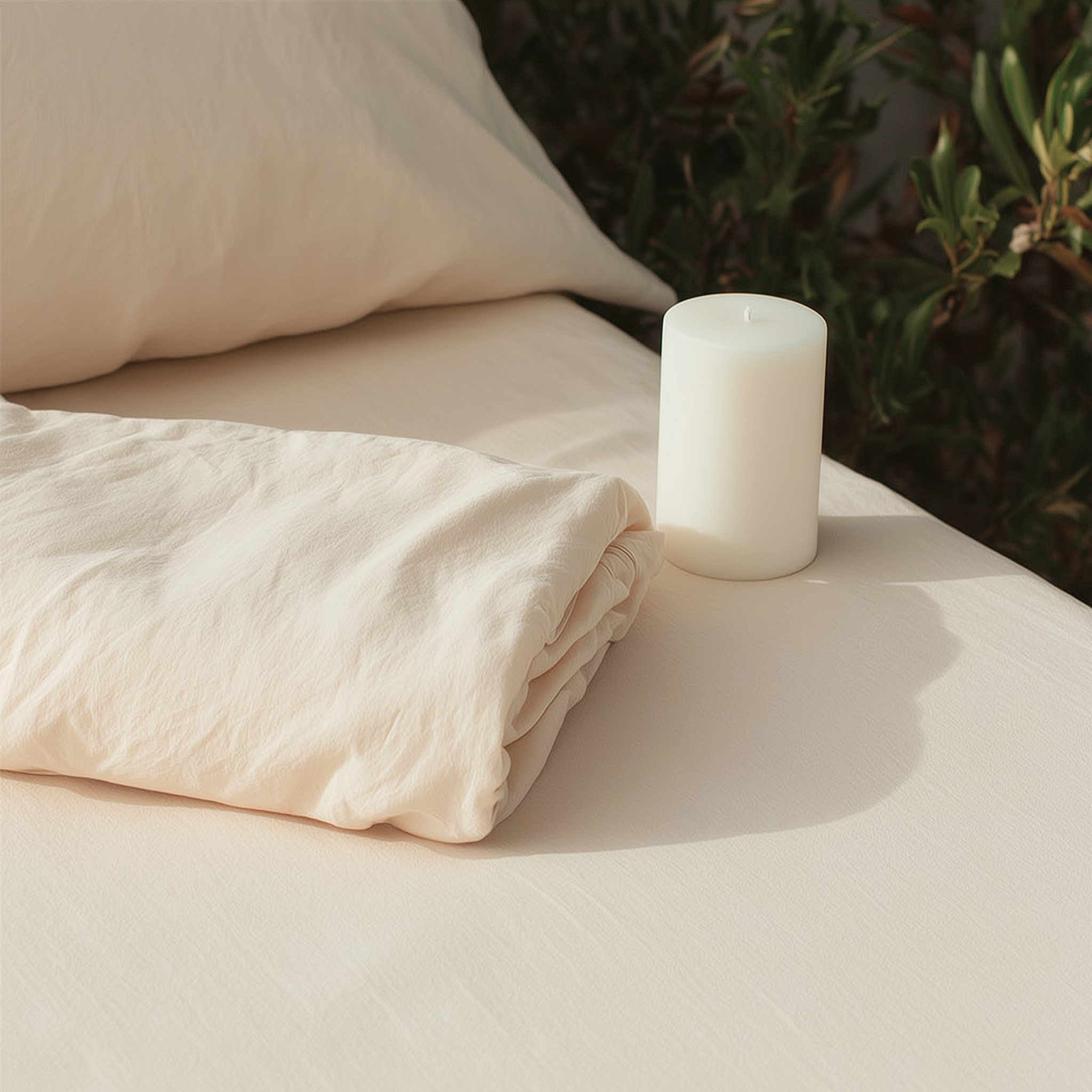Folded beige blanket and white candle on a surface with a blurred natural background