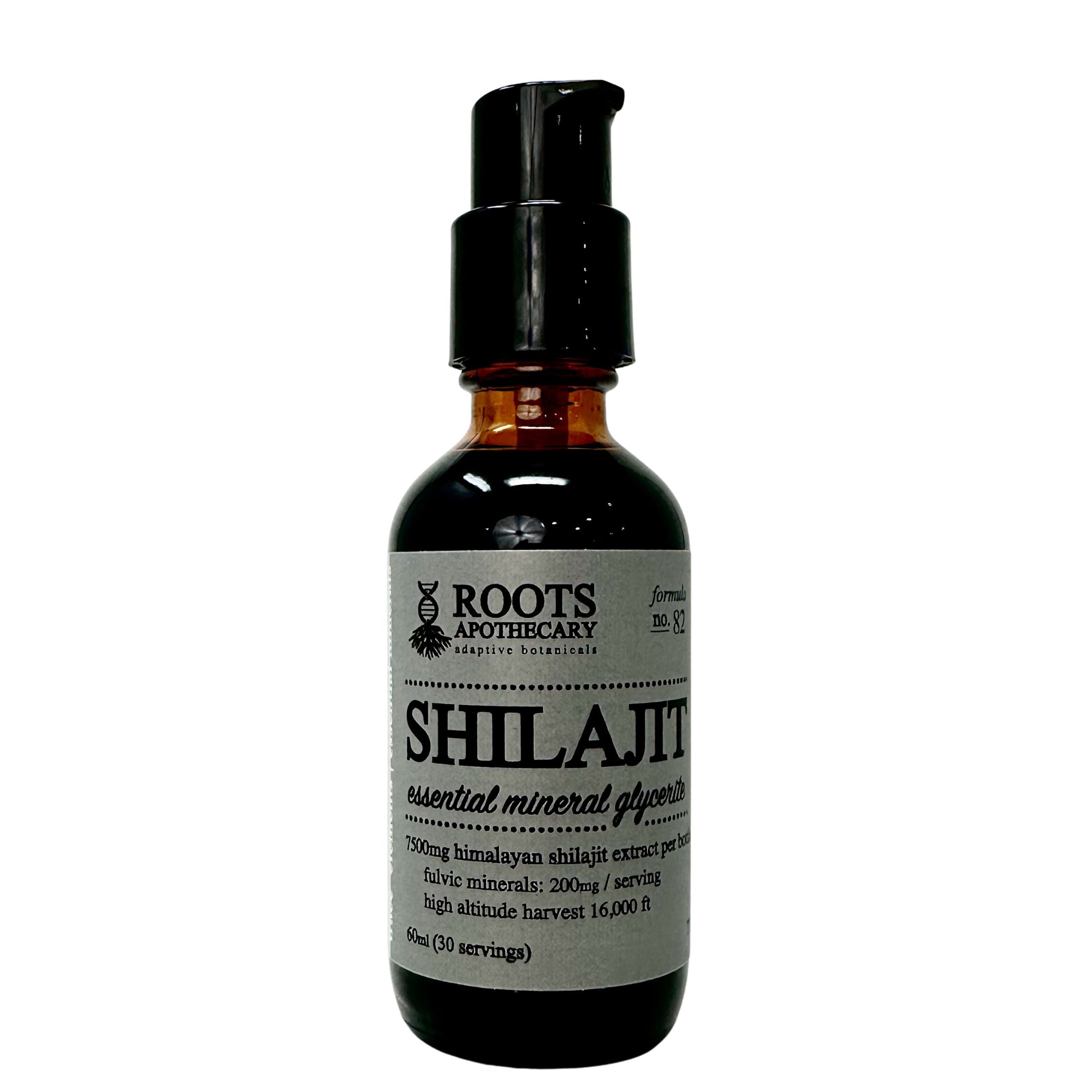 Bottle of Shilajit with Roots Apothecary label on a white background
