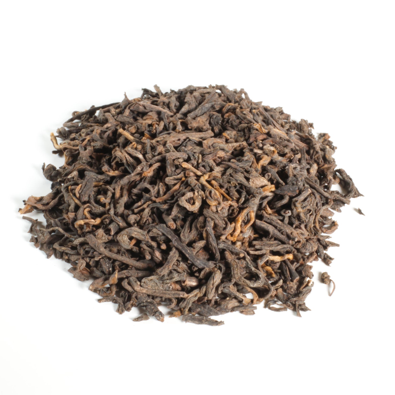 Dry black tea leaves on a white background