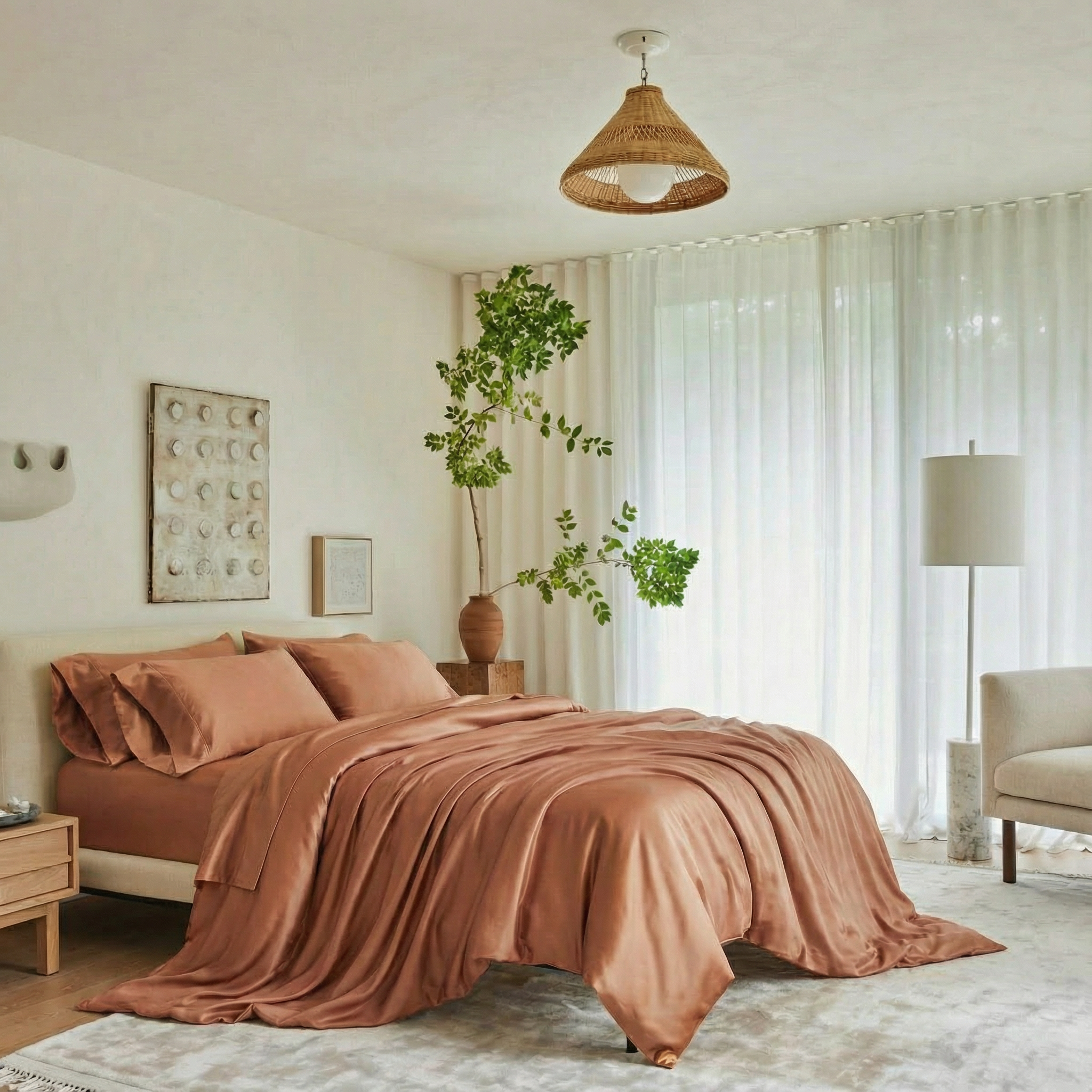 Neatly made bed with brown bedding in a bright bedroom with plants and decor.