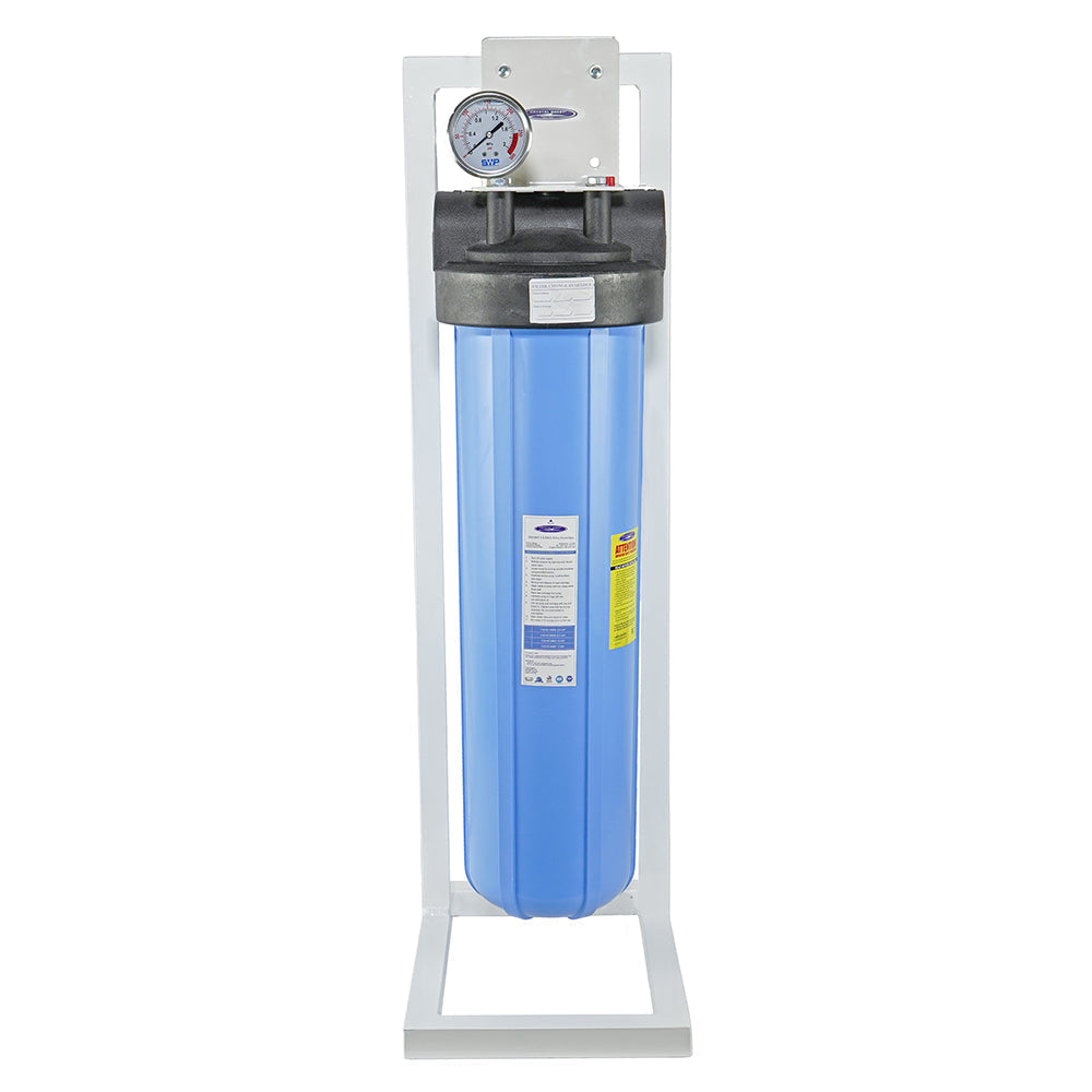 Blue water filter system with a gauge on a white background