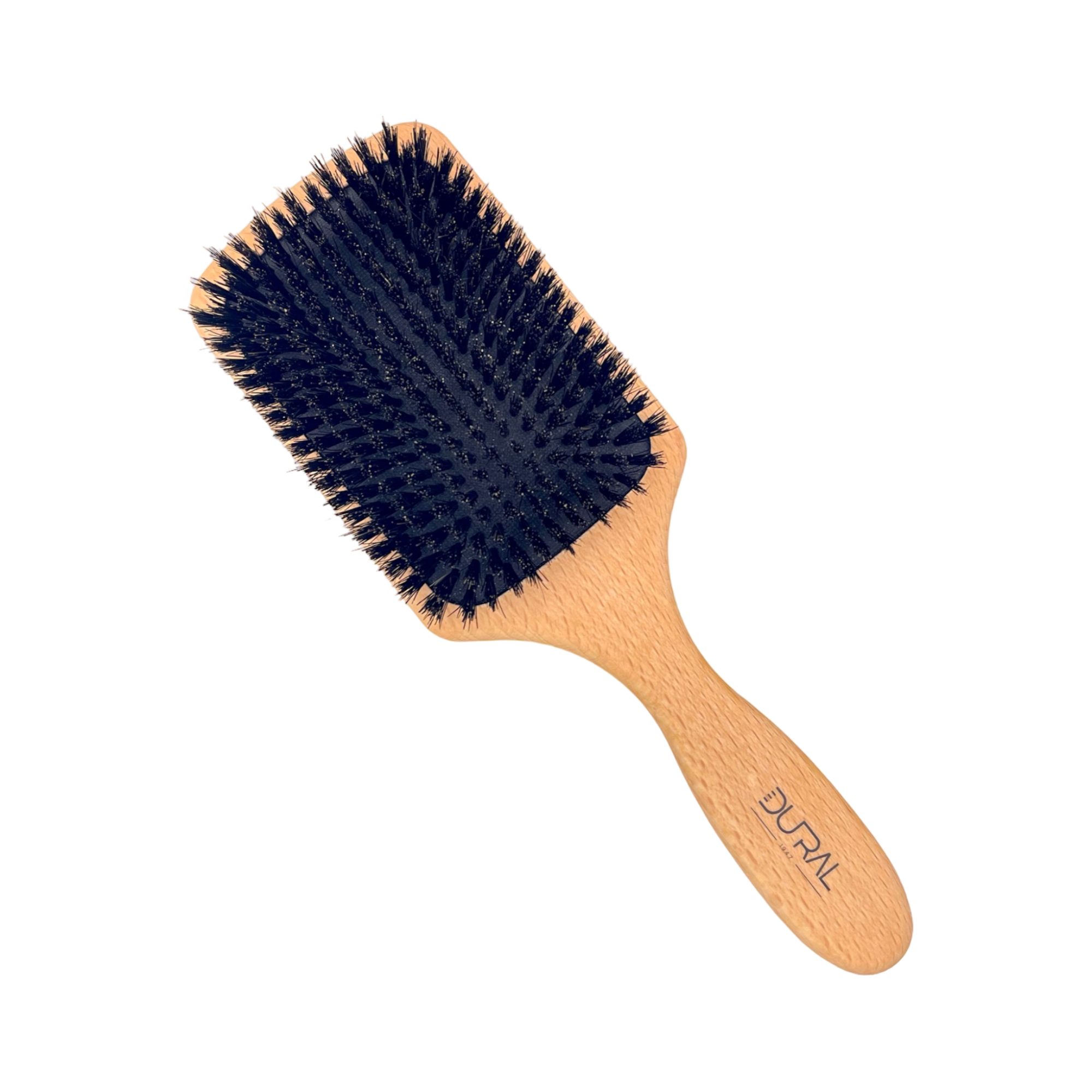 Hairbrush with wooden handle and black bristles on a white background
