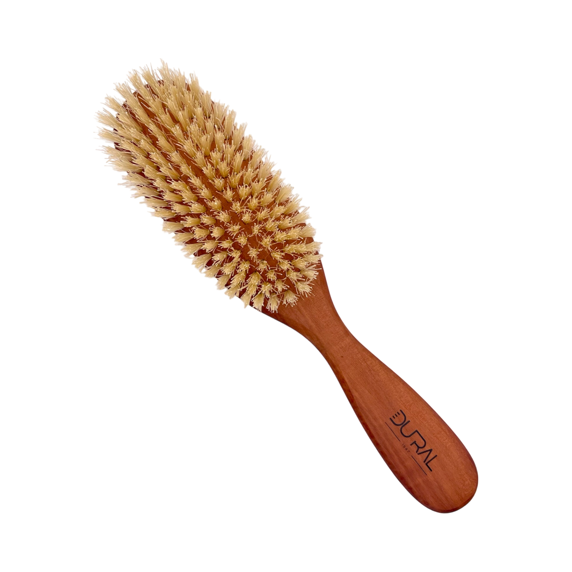 Wooden hairbrush with bristles on a white background