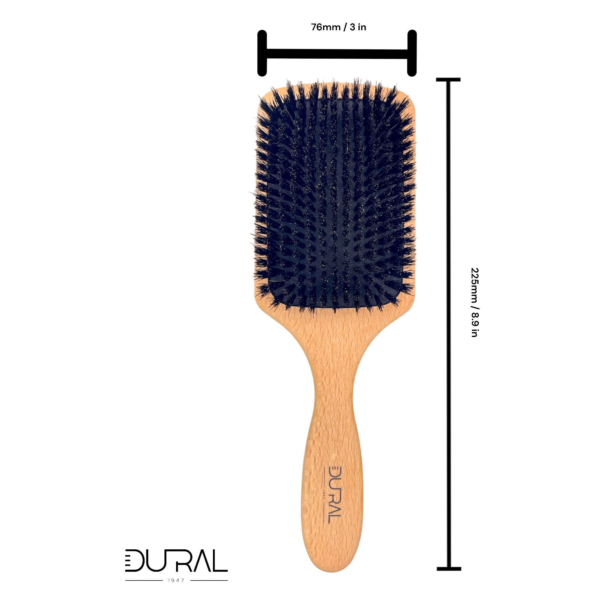 Hairbrush with measurements on a white background, featuring the DURAL brand.