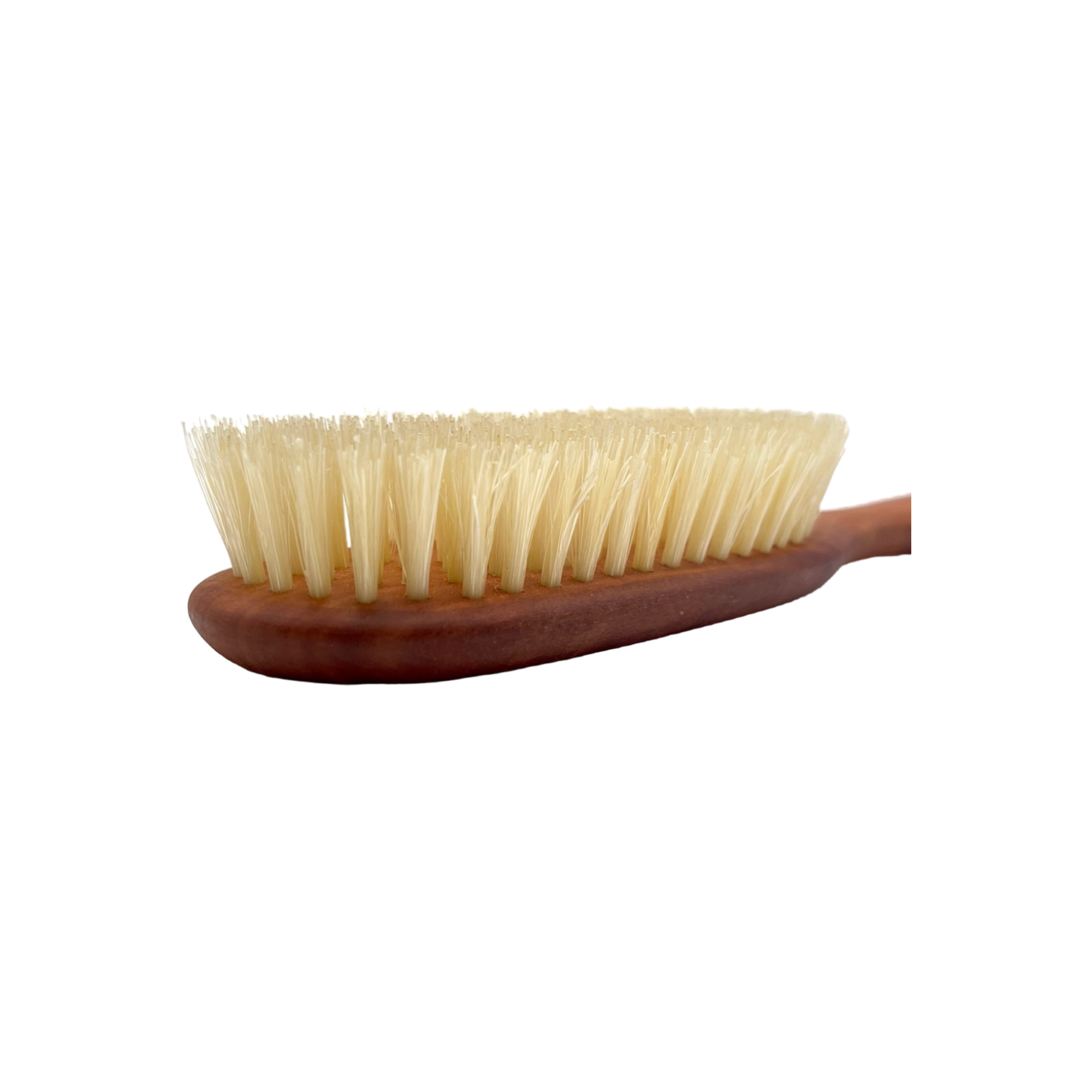 Hairbrush with wooden handle and natural bristles on a white background