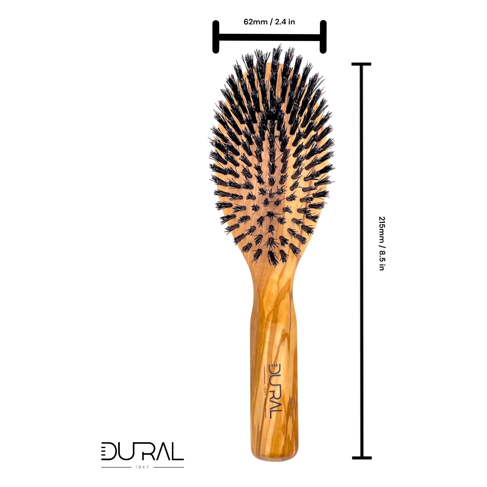 Wooden hairbrush with measurements on a white background, featuring the DURAL brand.