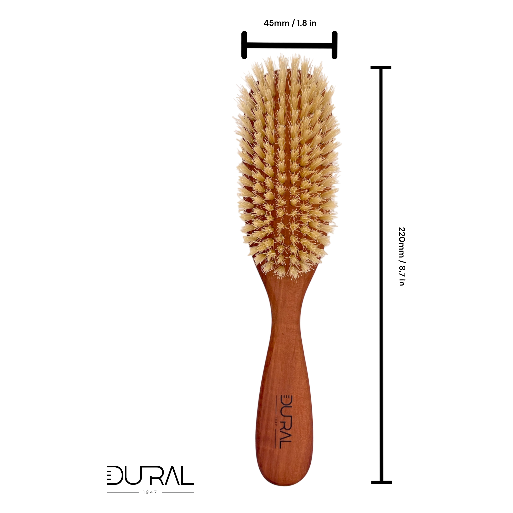 Wooden hairbrush with bristles, measurements, and DURAL branding on a white background