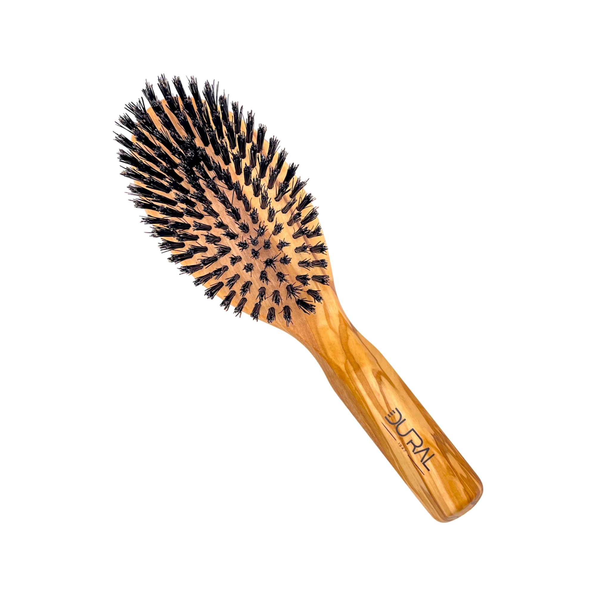 Wooden hairbrush with black bristles on a white background