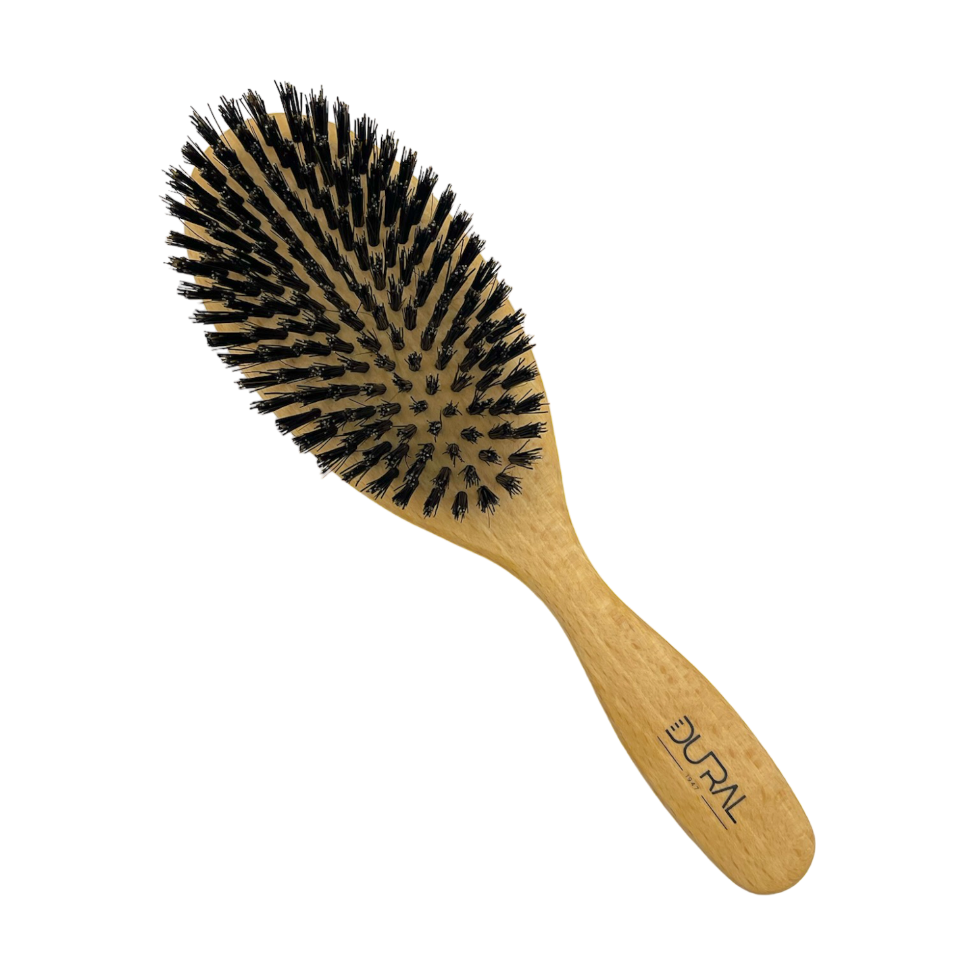Wooden hairbrush with black bristles on a white background