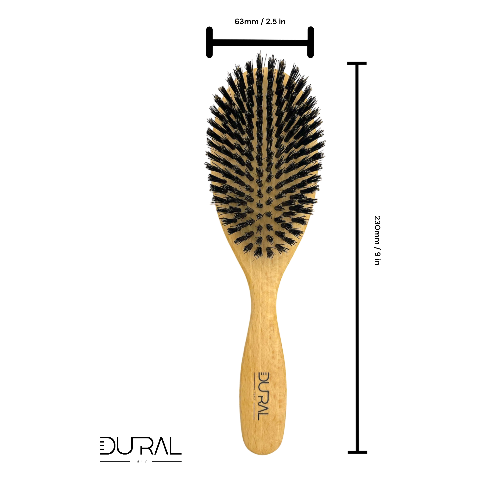 Wooden hairbrush with black bristles and measurements on a white background, featuring the DURAL brand.