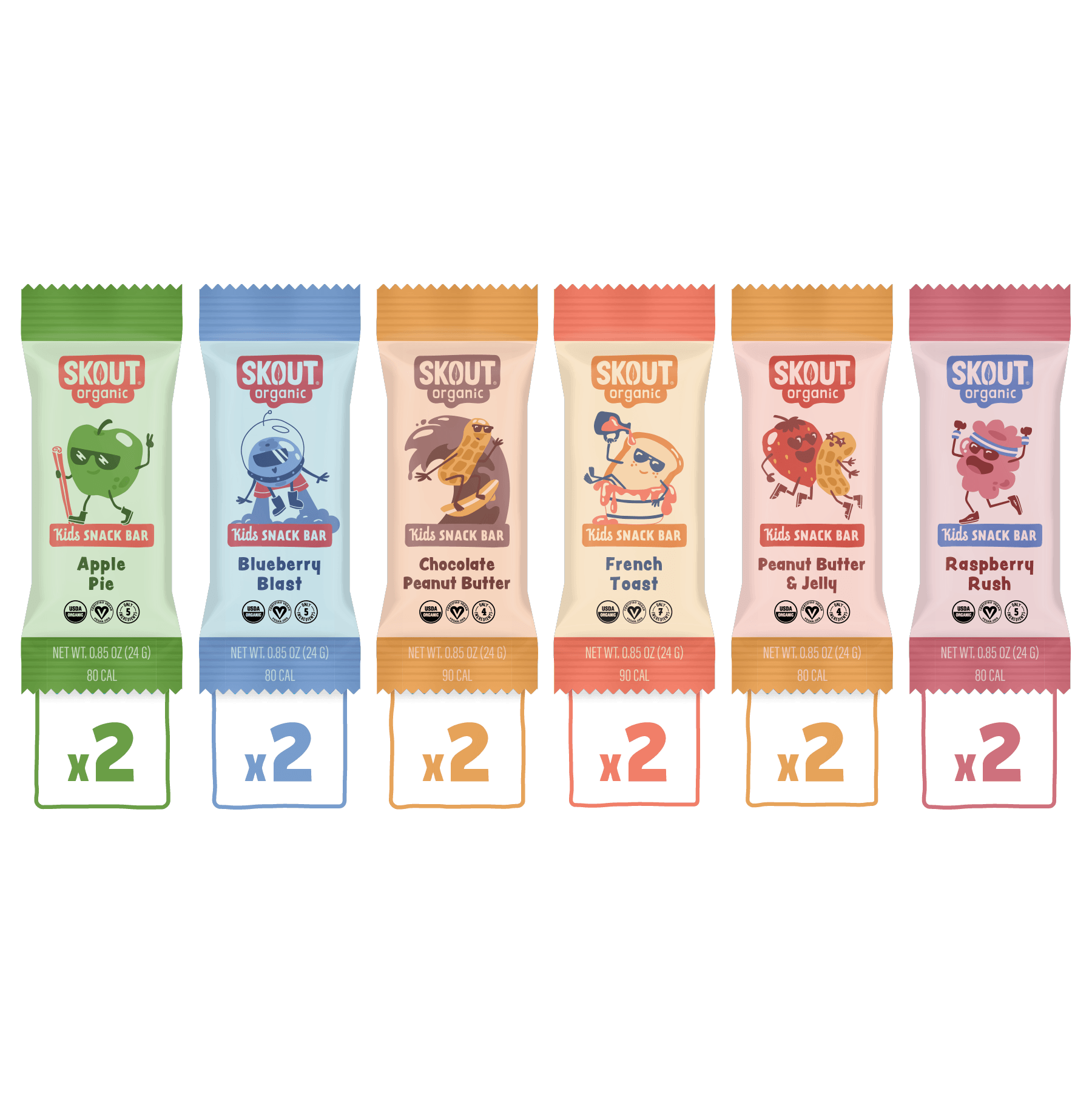 Skout Kids Snack Bars in various flavors on a blue background