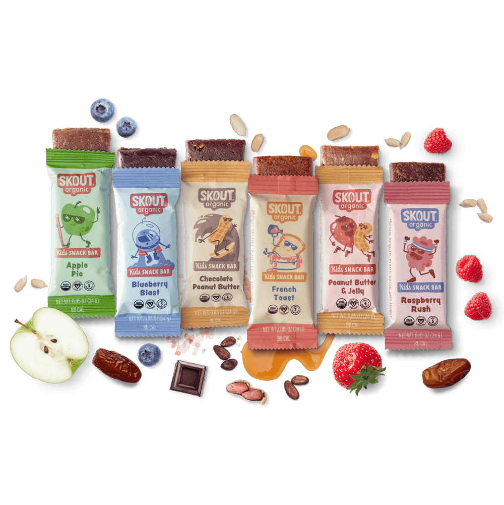 Skout organic kids snack bars lined up on white background