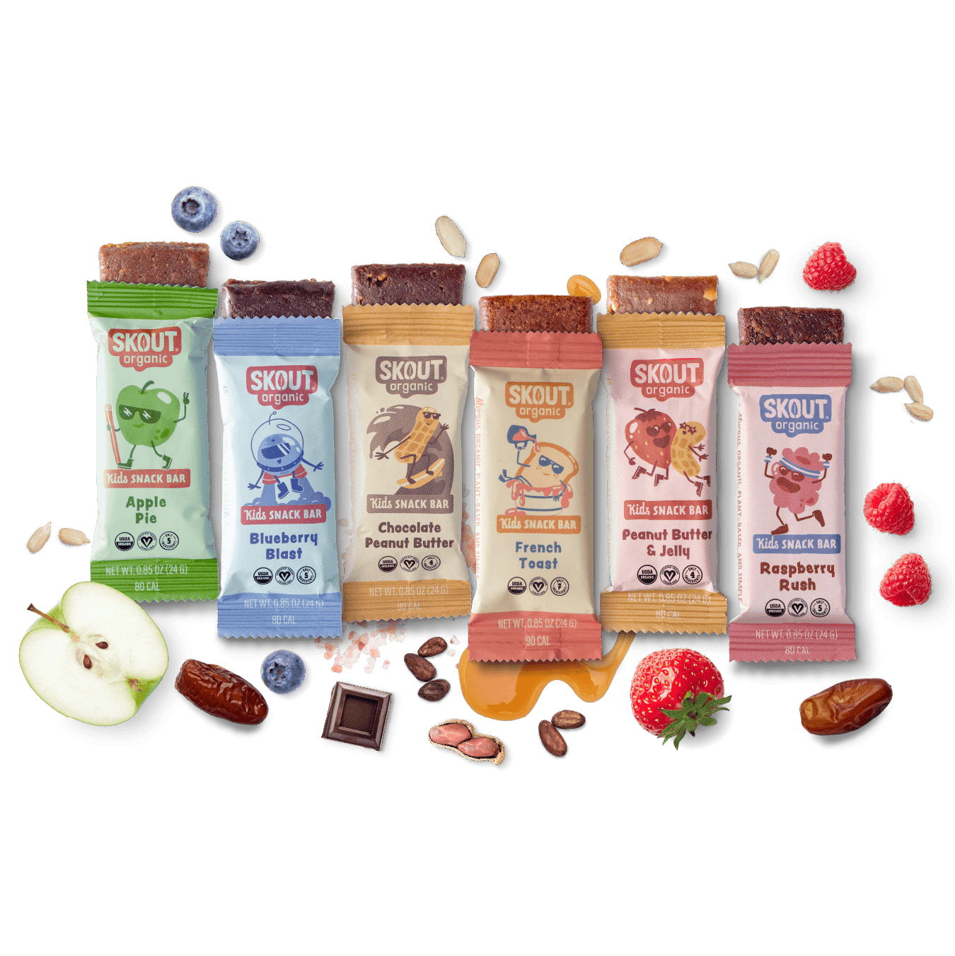 Assorted Skout snack bars with visible ingredients on a green background