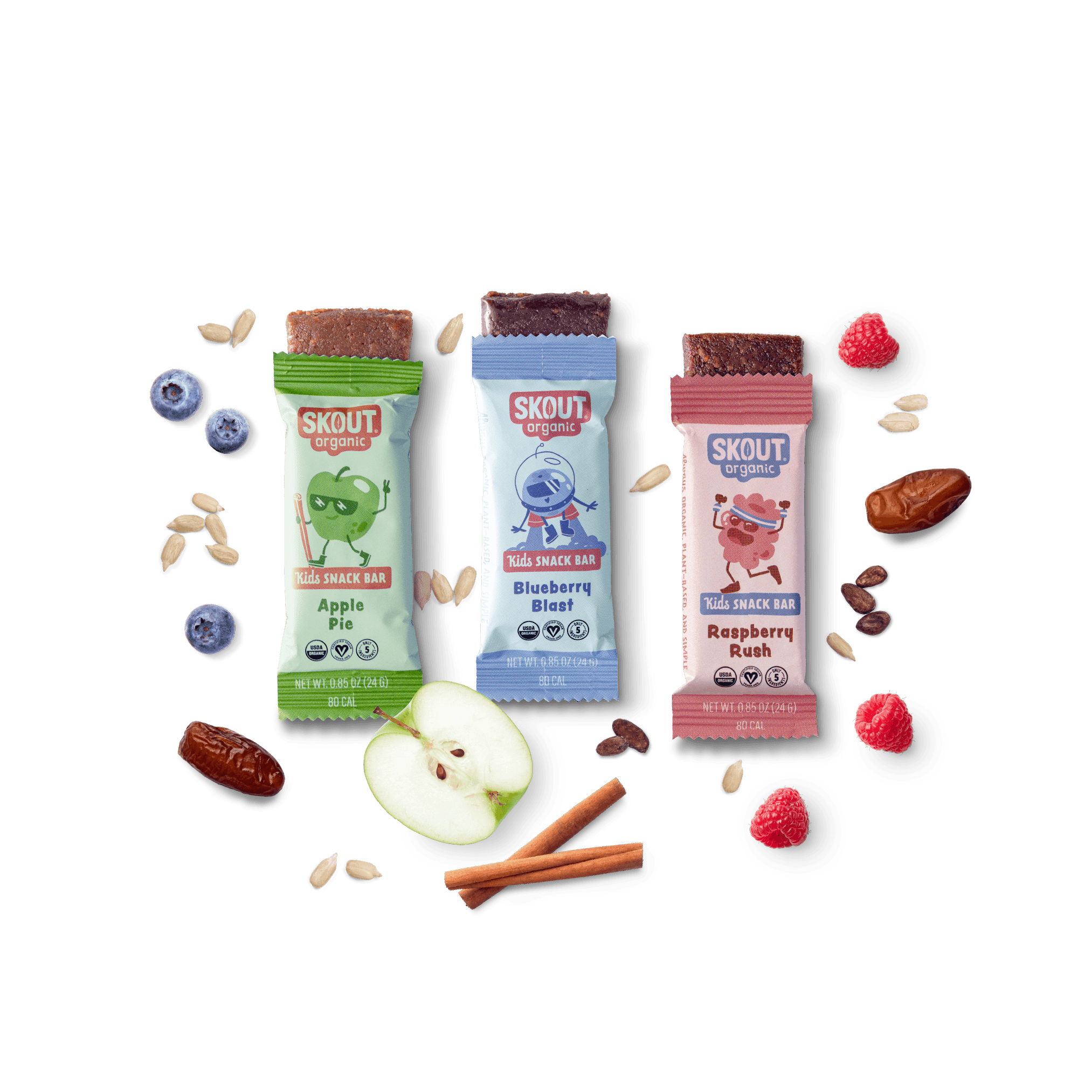 Three Skout snack bars with various fruits and nuts on a green background