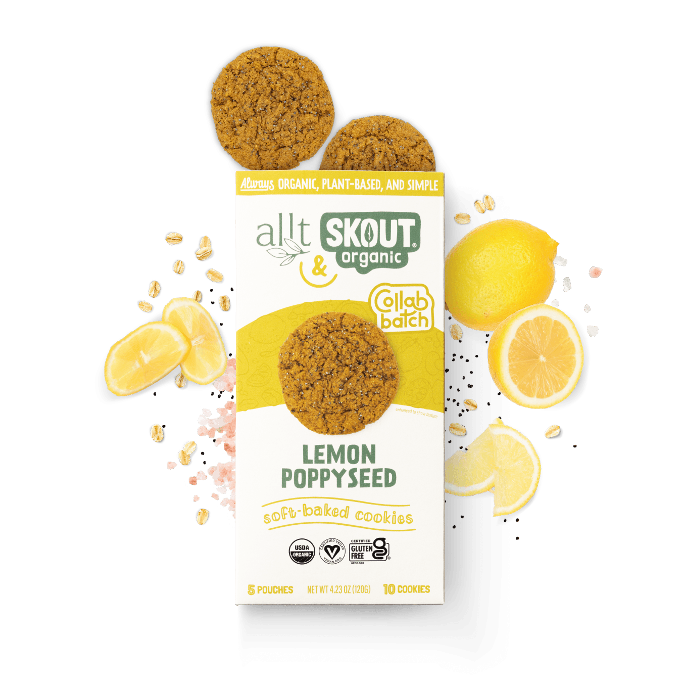 Box of allt Skout organic lemon poppyseed cookies with cookies and lemons on a dark background