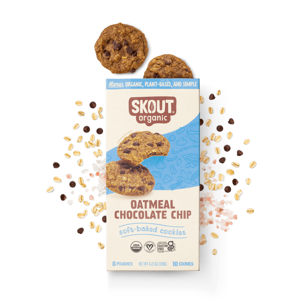 Skout Organic Oatmeal Chocolate Chip cookie box with cookies and oats on a dark background