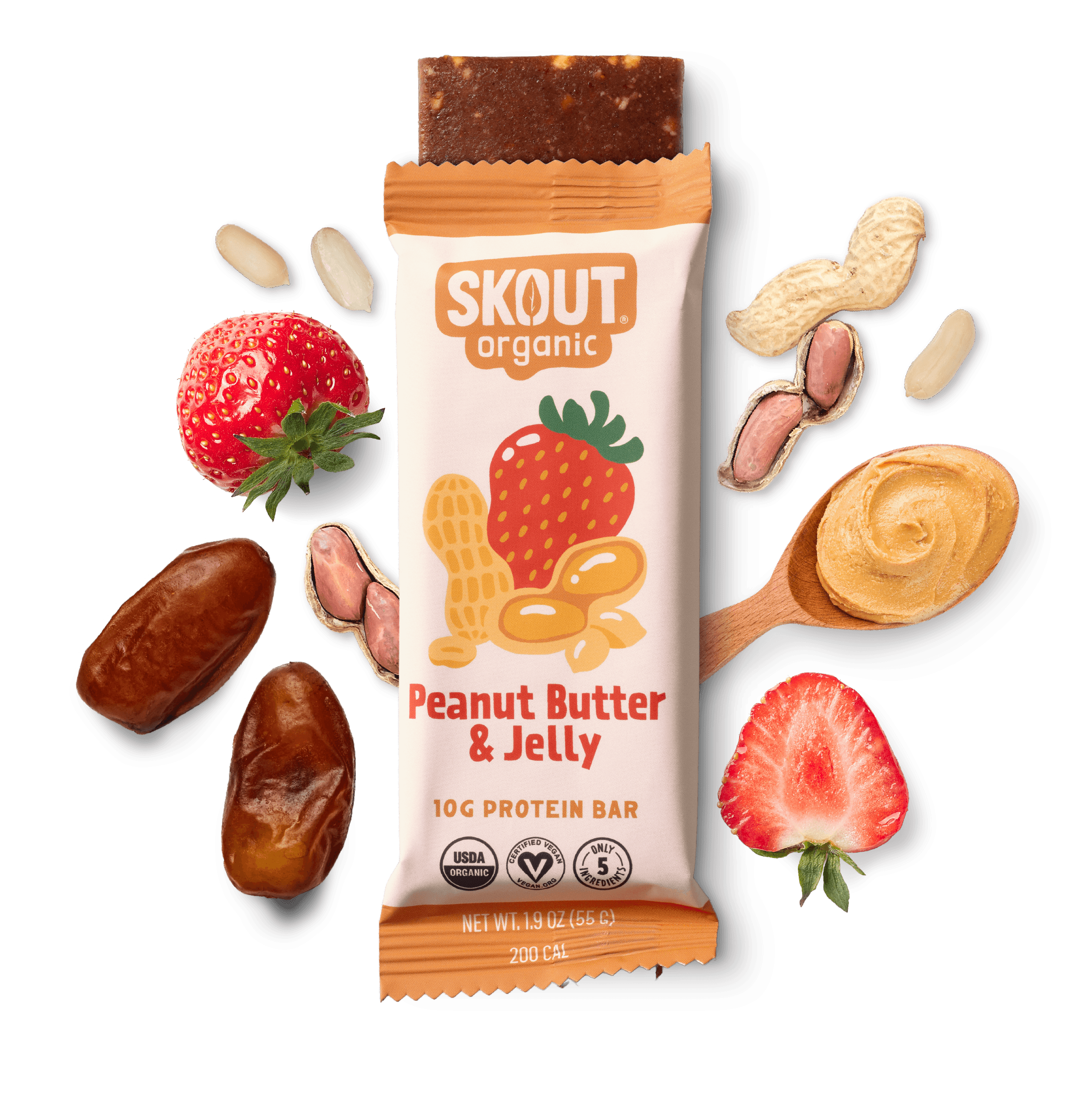 Skout Organic Peanut Butter & Jelly protein bar with ingredients on a transparent background