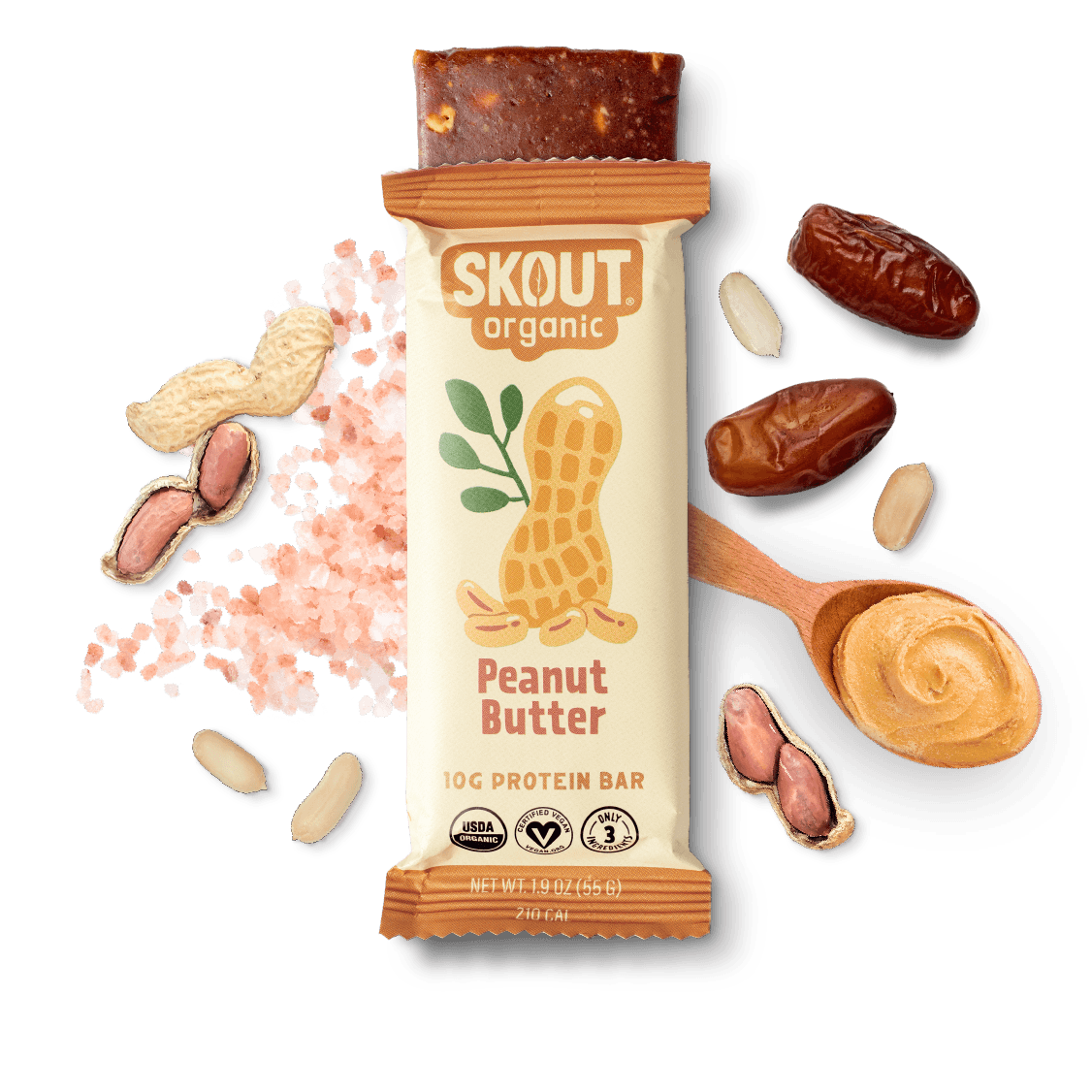 Skout Organic Peanut Butter protein bar with peanuts and a wooden spoon on a dark background