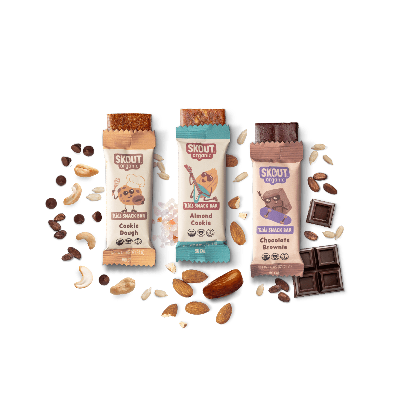 Three Skout snack bars with various ingredients on a dark blue background
