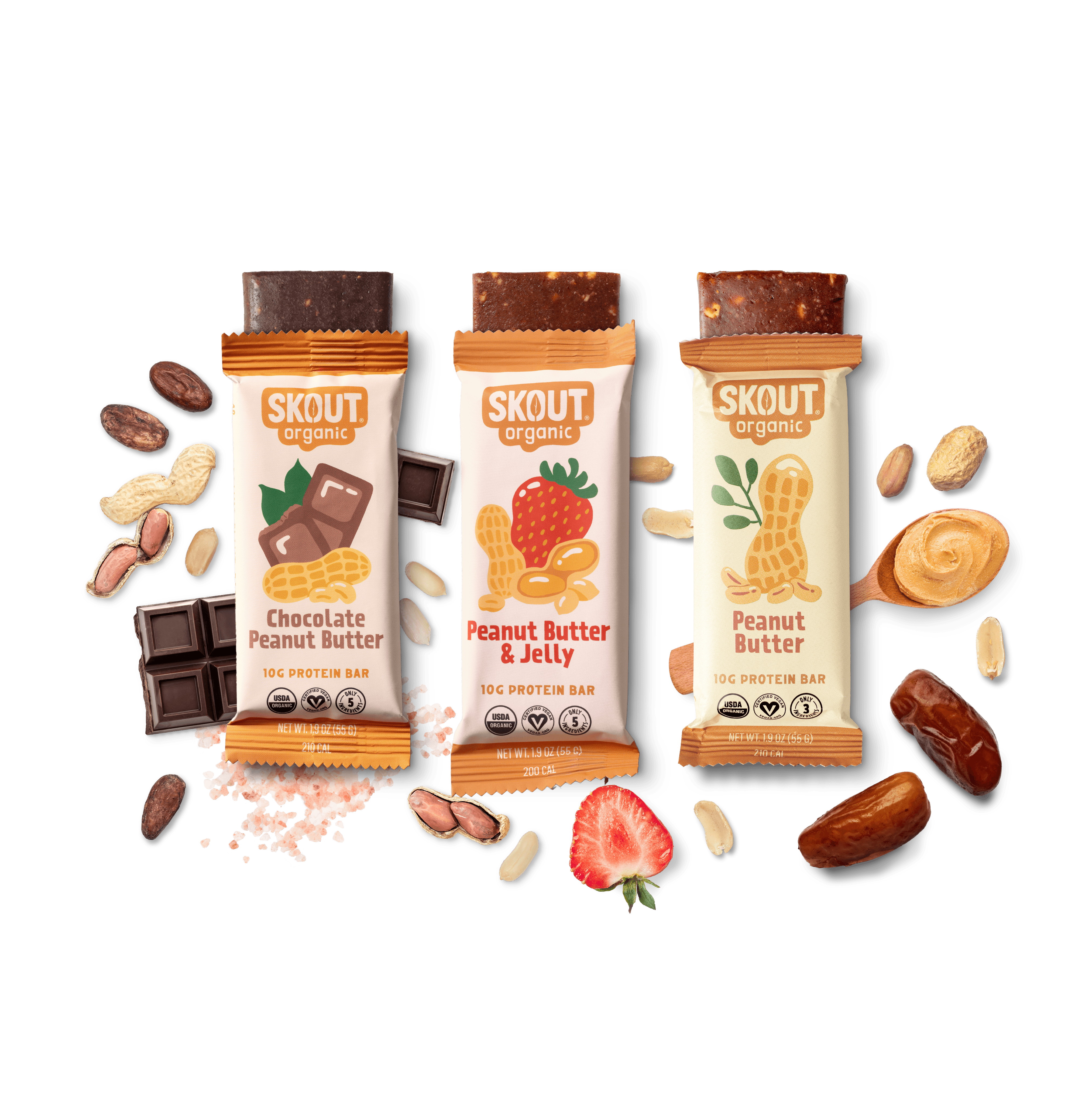 Three Skout organic protein bars with ingredients on a dark background