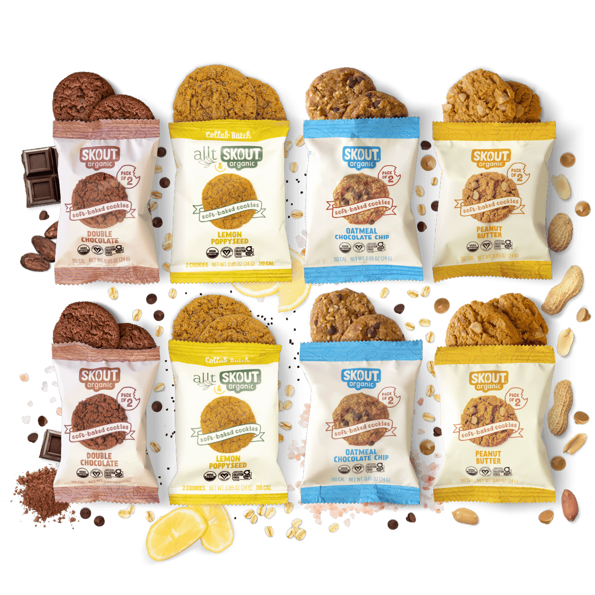 Assorted Skout cookie packages with cookies and ingredients on a dark background