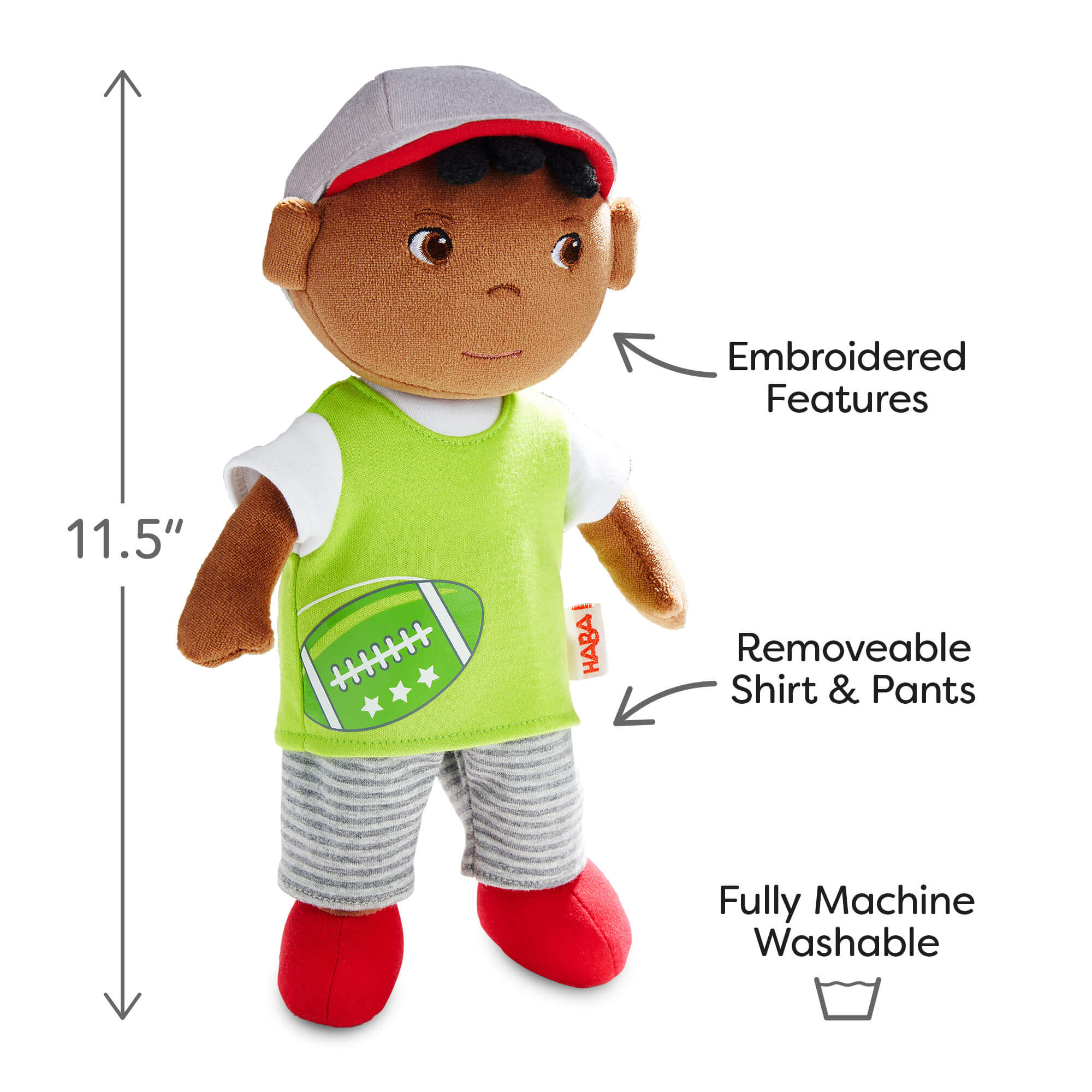 Doll with green shirt and gray pants, red shoes, and gray cap on a white background with text indicating features.
