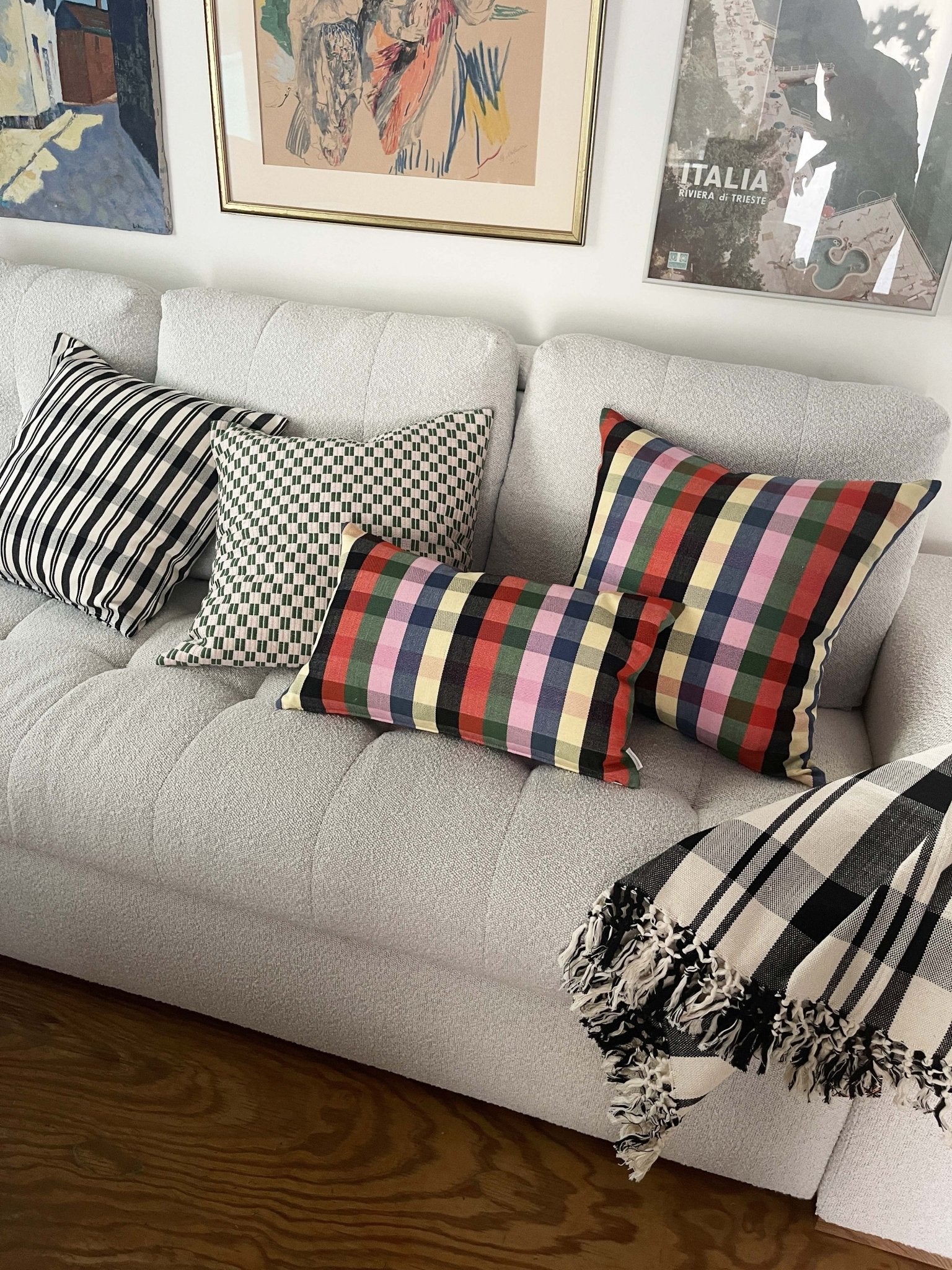 Archive New York Cecilia Black and Ivory Striped Plaid Pillow