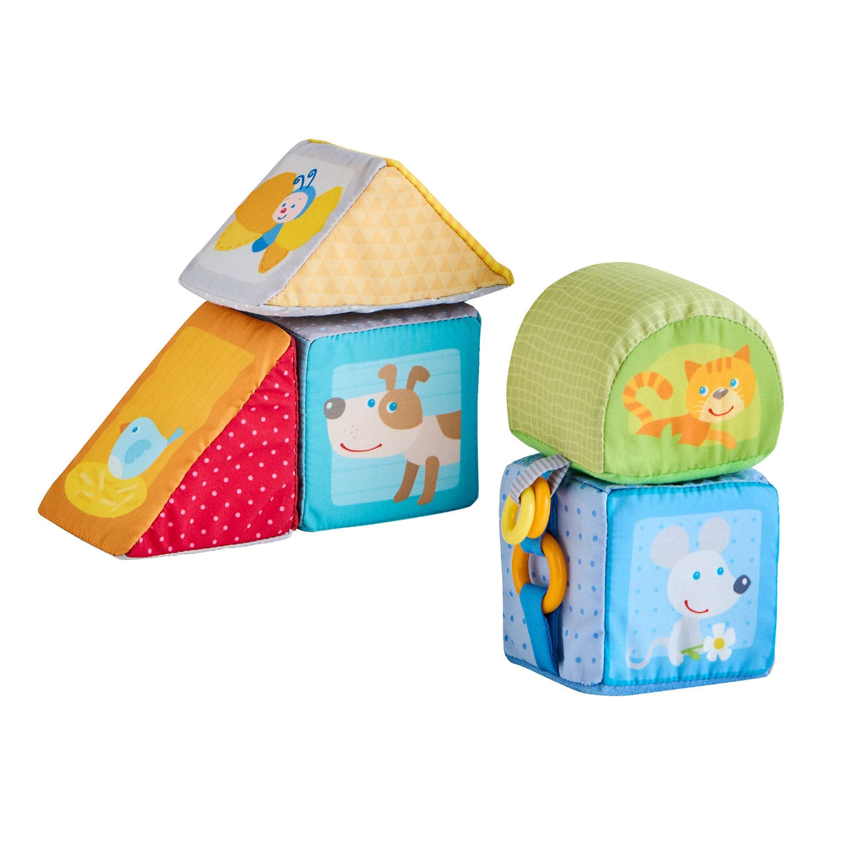 Colorful baby blocks with animal illustrations on a white background