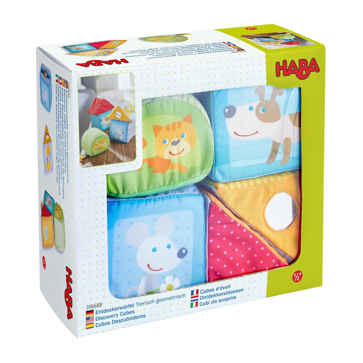 HABA baby cubes packaging with colorful designs on a white background