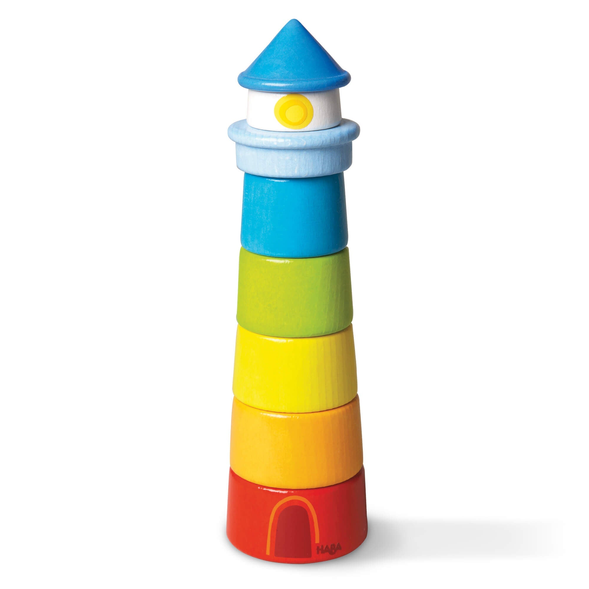 Colorful stackable toy with a lighthouse design on a white background